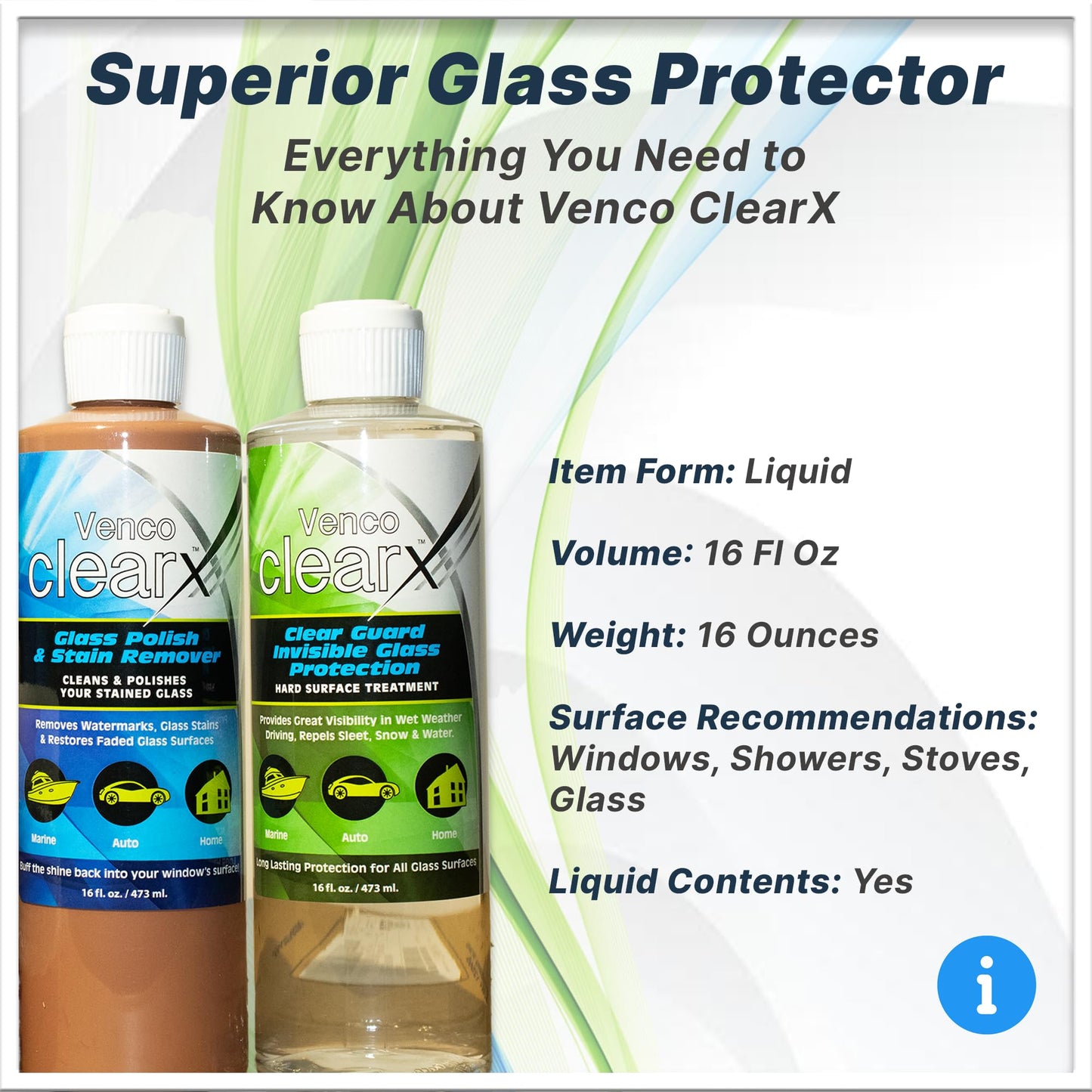 Venco Clear X Glass Polish & Protector - 16oz Kit for Removing Rust, Burnt-In Stains, Water Spots - Protects & Repels Water, Snow - Ideal for Yachts