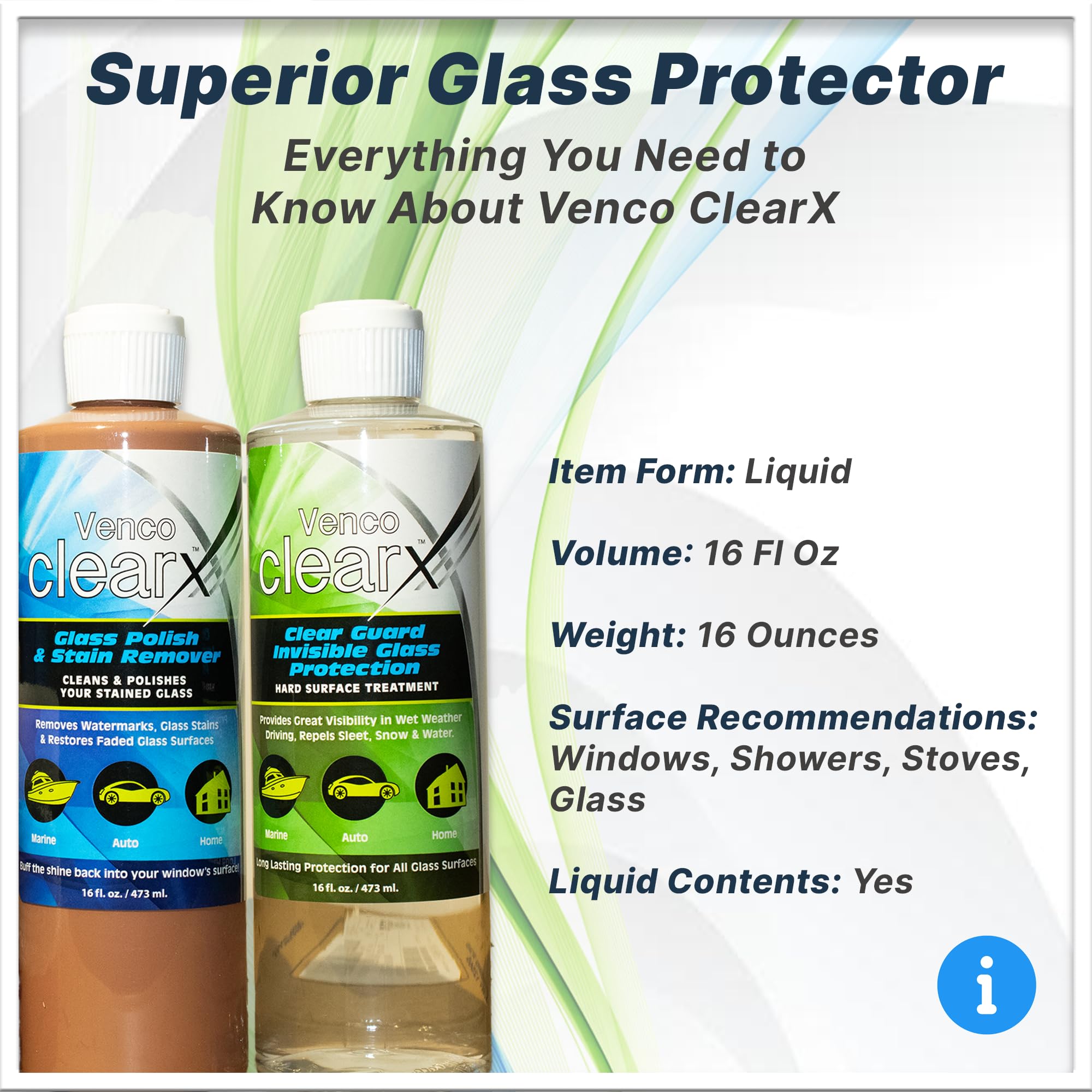 Venco Clear X Glass Polish & Protector - 16oz Kit for Removing Rust, Burnt-In Stains, Water Spots - Protects & Repels Water, Snow - Ideal for Yachts