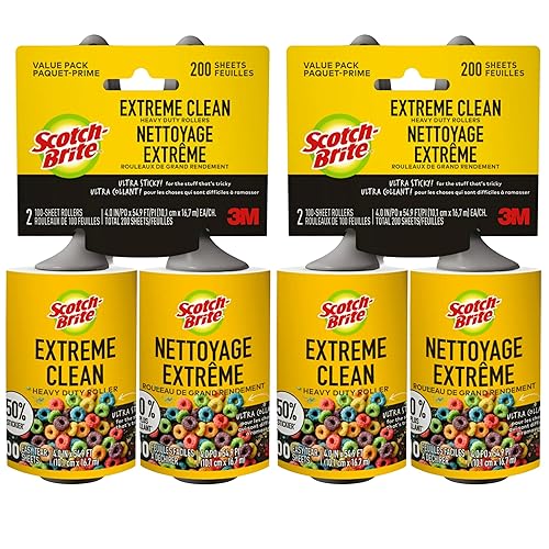 Scotch-Brite Extreme Clean Lint Roller, 50% Stickier, Heavy Duty Pet Hair and Debris Remover, 4 in x 54.9 ft Each, 4 Pack, 400 Easy Tear Sheets Total