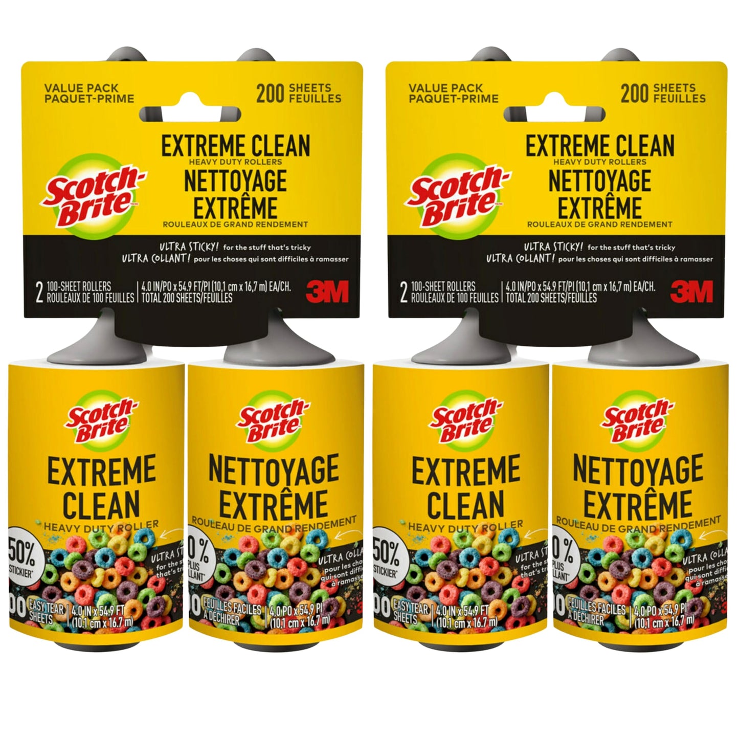 Scotch-Brite Extreme Clean Lint Roller, 50% Stickier, Heavy Duty Pet Hair and Debris Remover, 4 in x 54.9 ft Each, 4 Pack, 400 Easy Tear Sheets Total