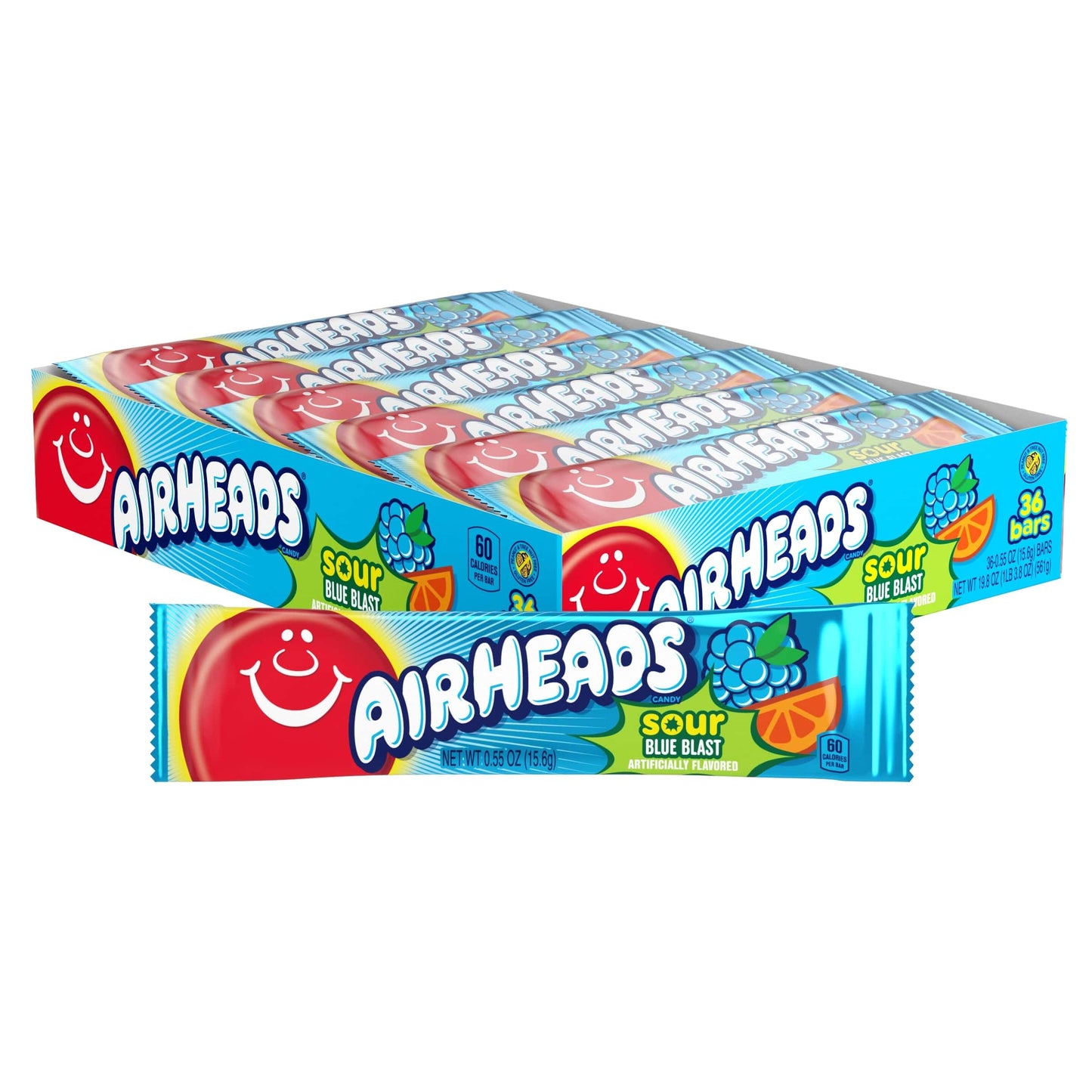 Airheads SOUR Candy Bars, Sour Blue Blast Flavored, Bulk, Concessions, Parties, Pack of 36 Bars