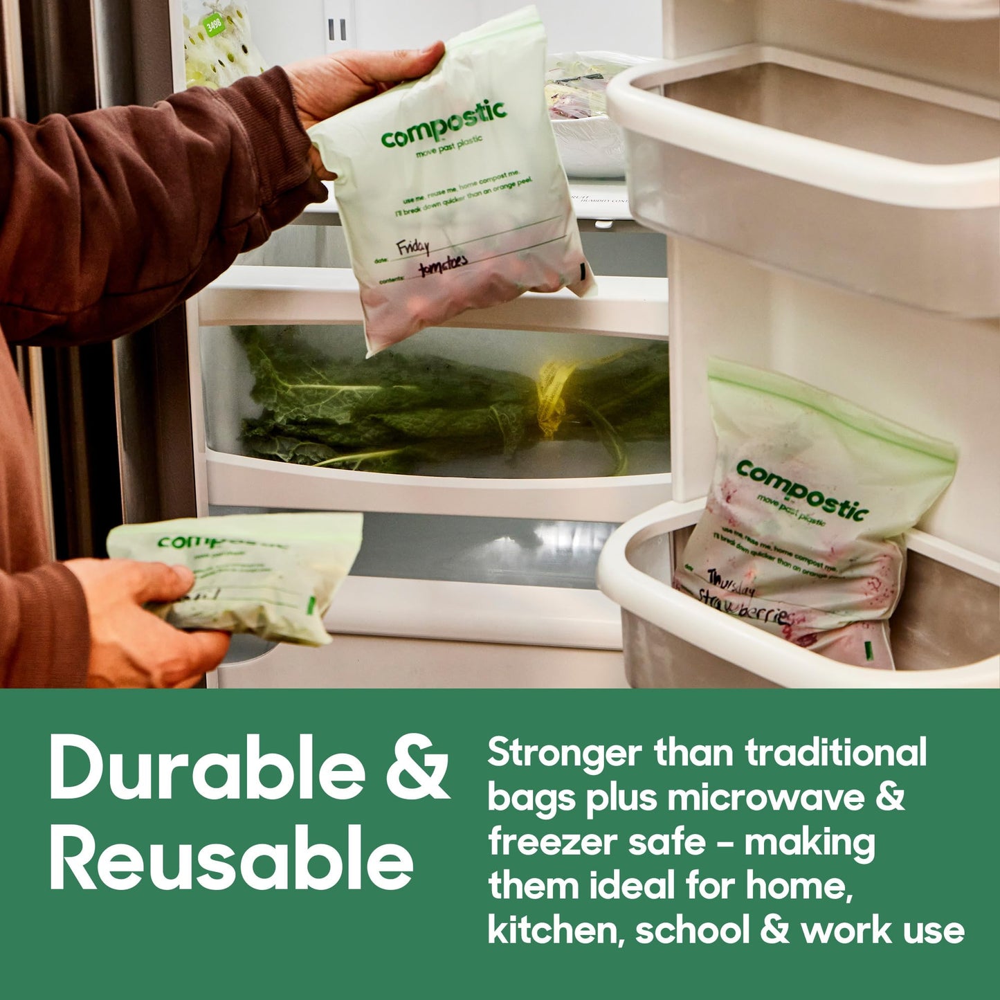 Compostic Compostable Gallon Bags (60 Count) Starter Pack - Resealable Zip-Seal, Plant-Based, Home Compostable, Freezer Safe, BPA-Free, Non-Toxic