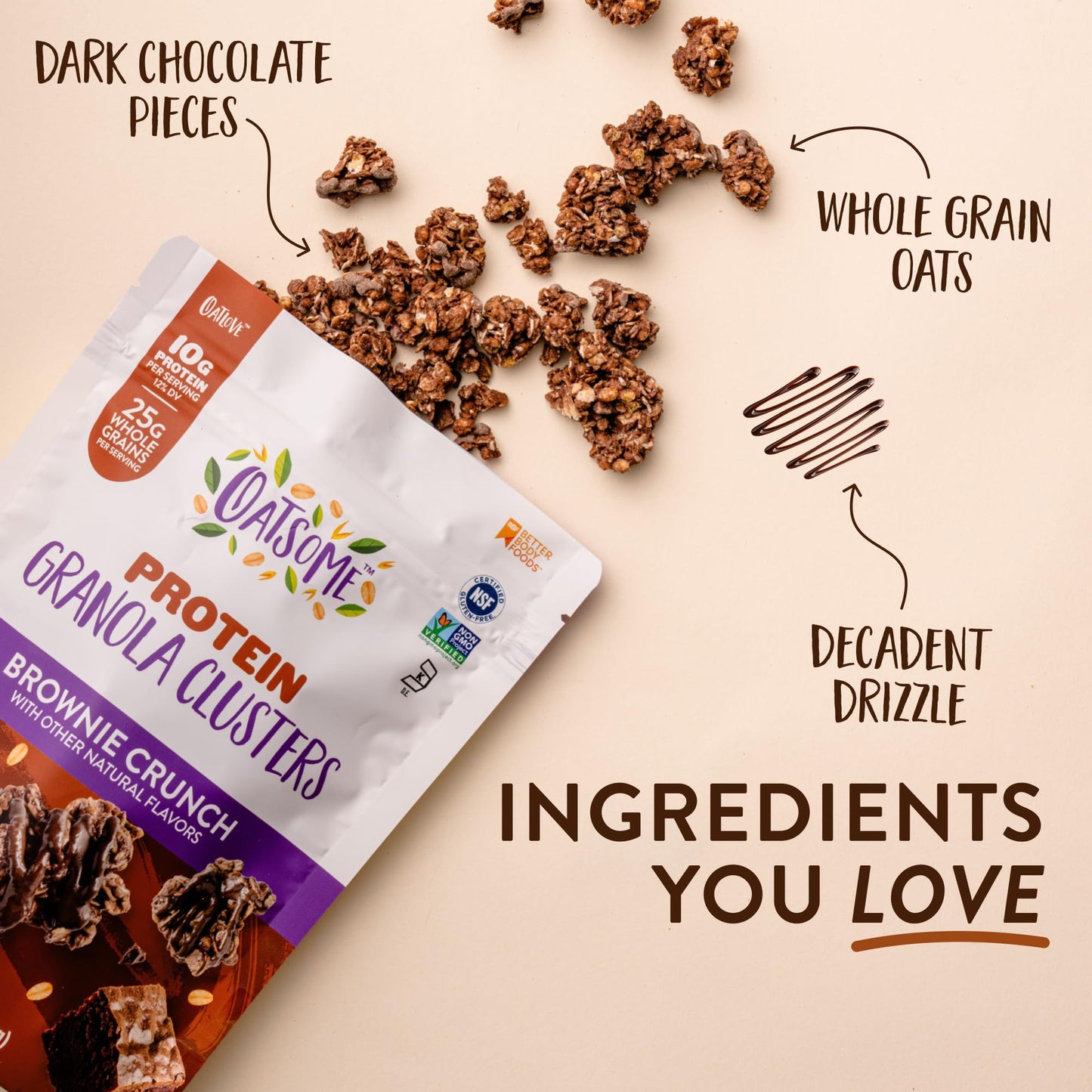 Oatsome Protein Granola Clusters Brownie Crunch, 10g Plant-Based Protein, Gluten Free, Made with Dark Chocolate Pieces & Whole Grain Oats, for Snack
