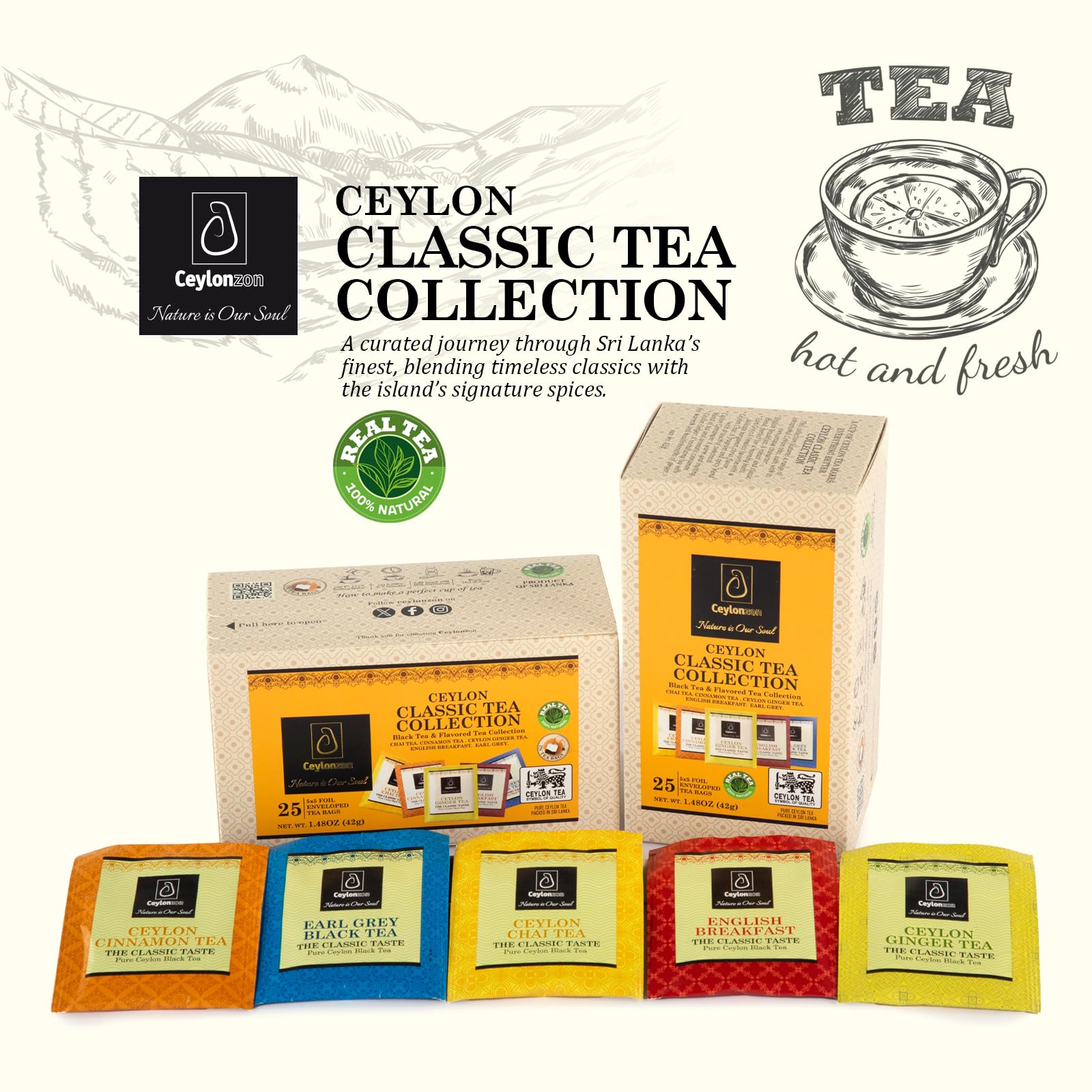 Ceylonzon Variety Pack of 5 Flavor Premium Ceylon Tea Classic Taste 5 Tea Bags of Each Flavor, Cinnamon, Ginger, Chai, English Breakfast and Earl Grey