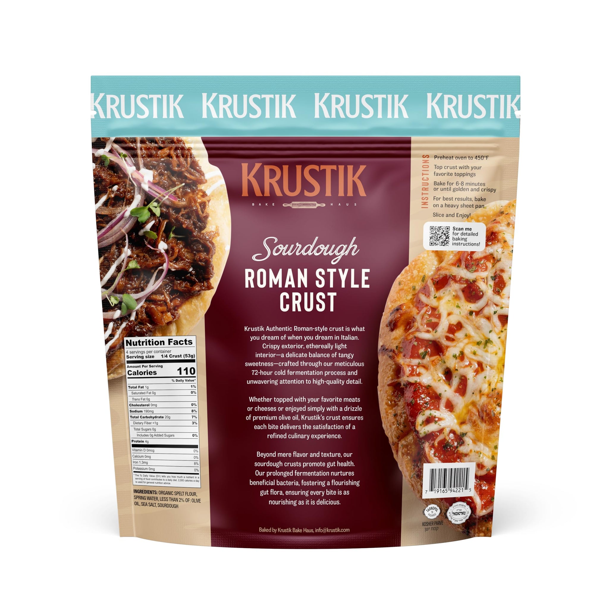 Krustik Spelt Sourdough Pizza Crust, Artisan Fresh Pizza Dough, Small-Batch Handmade, Long-Fermented, Baked to Order, Ships Fresh, 1 Large 10-Inch