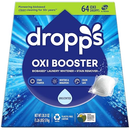 Dropps Oxi Booster Pods, Unscented (64 Count) - Laundry Whitener & Stain Remover | Free & Clear | Laundry Booster | Chlorine-Free Bleach Alternative |