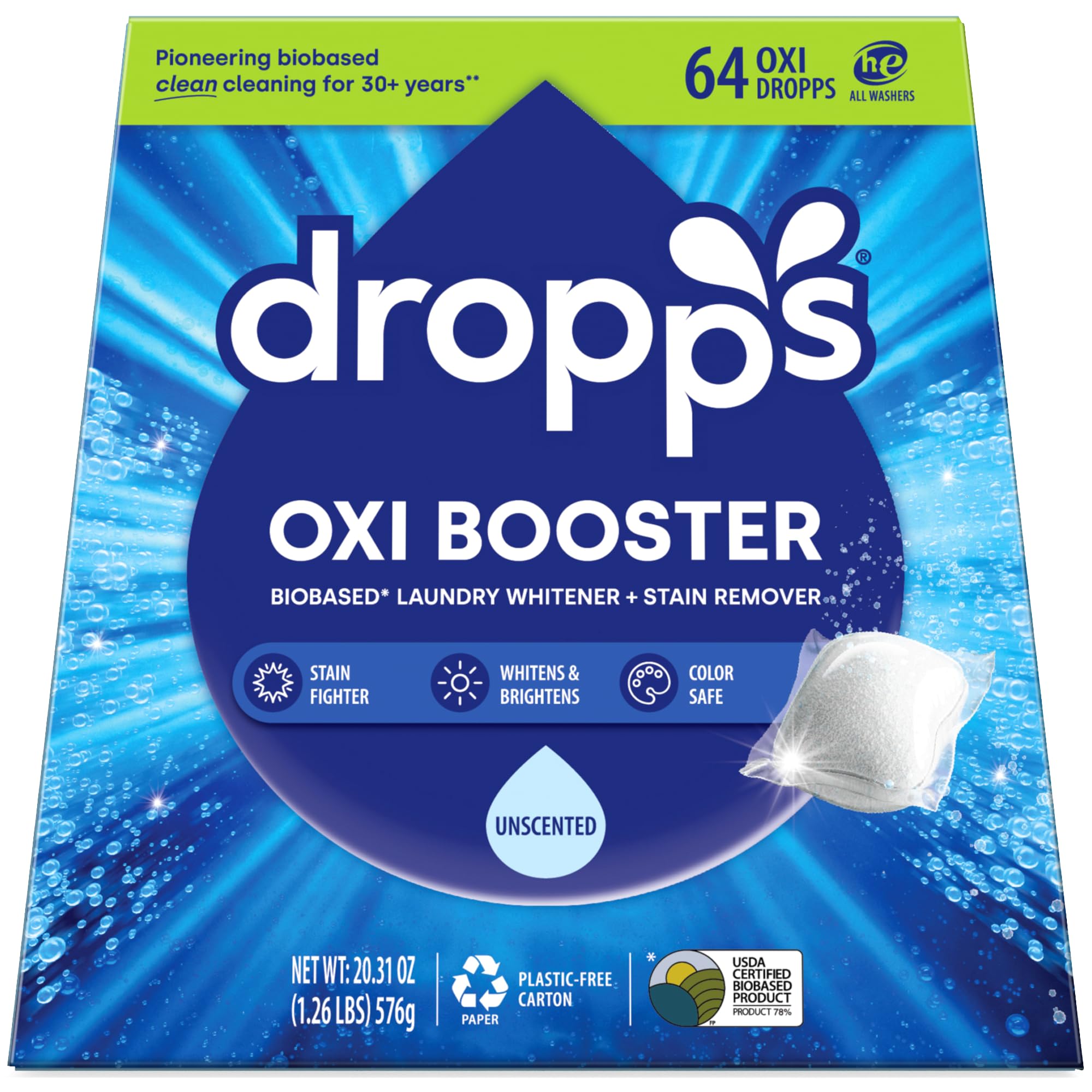 Dropps Oxi Booster Pods, Unscented (64 Count) - Laundry Whitener & Stain Remover | Free & Clear | Laundry Booster | Chlorine-Free Bleach Alternative |