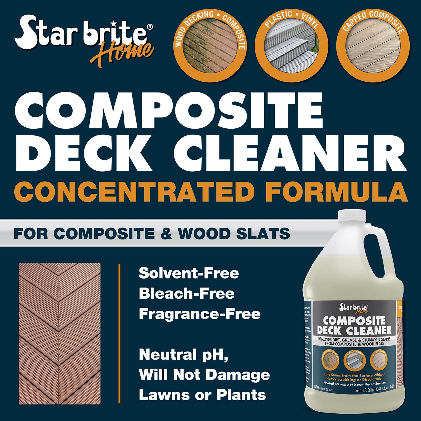 STAR BRITE Composite Deck Cleaner (1 GALLON) - Concentrated Formula - Effortlessly Removes Dirt, Grease & Stains - Ideal for Wood & Composite Surfaces