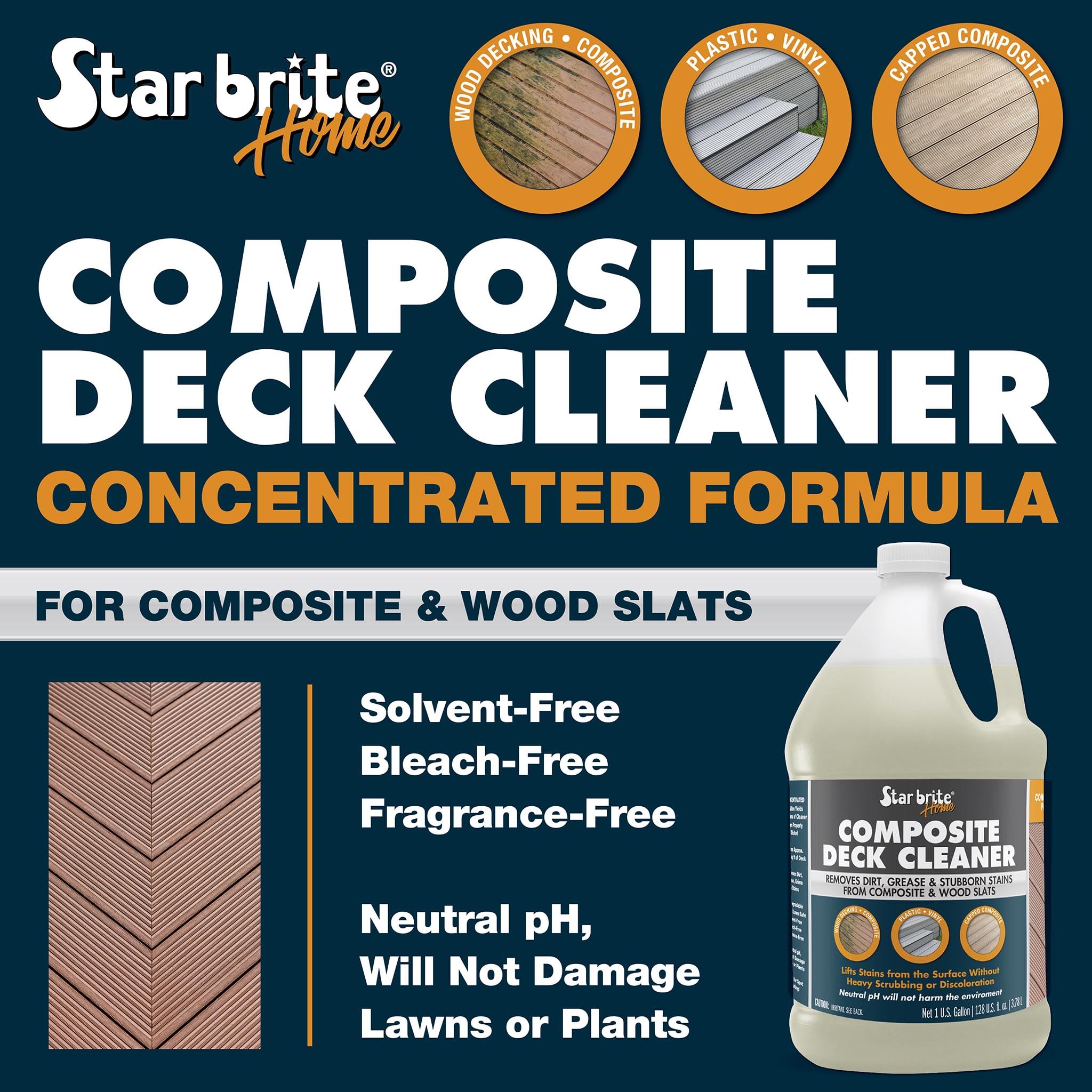 STAR BRITE Composite Deck Cleaner (1 GALLON) - Concentrated Formula - Effortlessly Removes Dirt, Grease & Stains - Ideal for Wood & Composite Surfaces