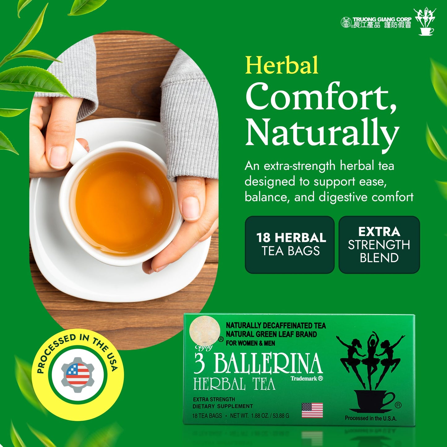 3 Ballerina Diet Tea Extra Strength - Caffeine-Free Herbal Tea Bags for Digestive Comfort and Weight Maintenance - Pack of 4 (72 Count)