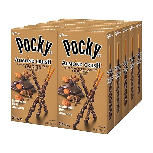 Pocky Almond Crush Biscuit Sticks - Chocolate Cream Covered with Real Almonds - (Pack of 10 boxes, 1.45 oz/each)