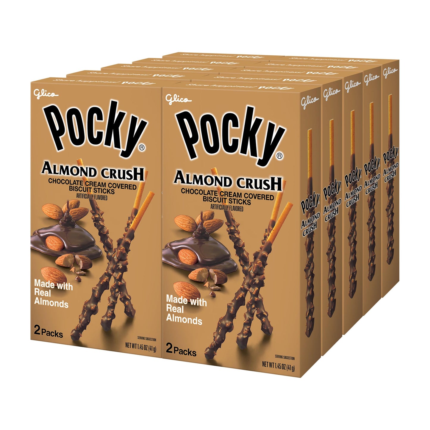 Pocky Almond Crush Biscuit Sticks - Chocolate Cream Covered with Real Almonds - (Pack of 10 boxes, 1.45 oz/each)