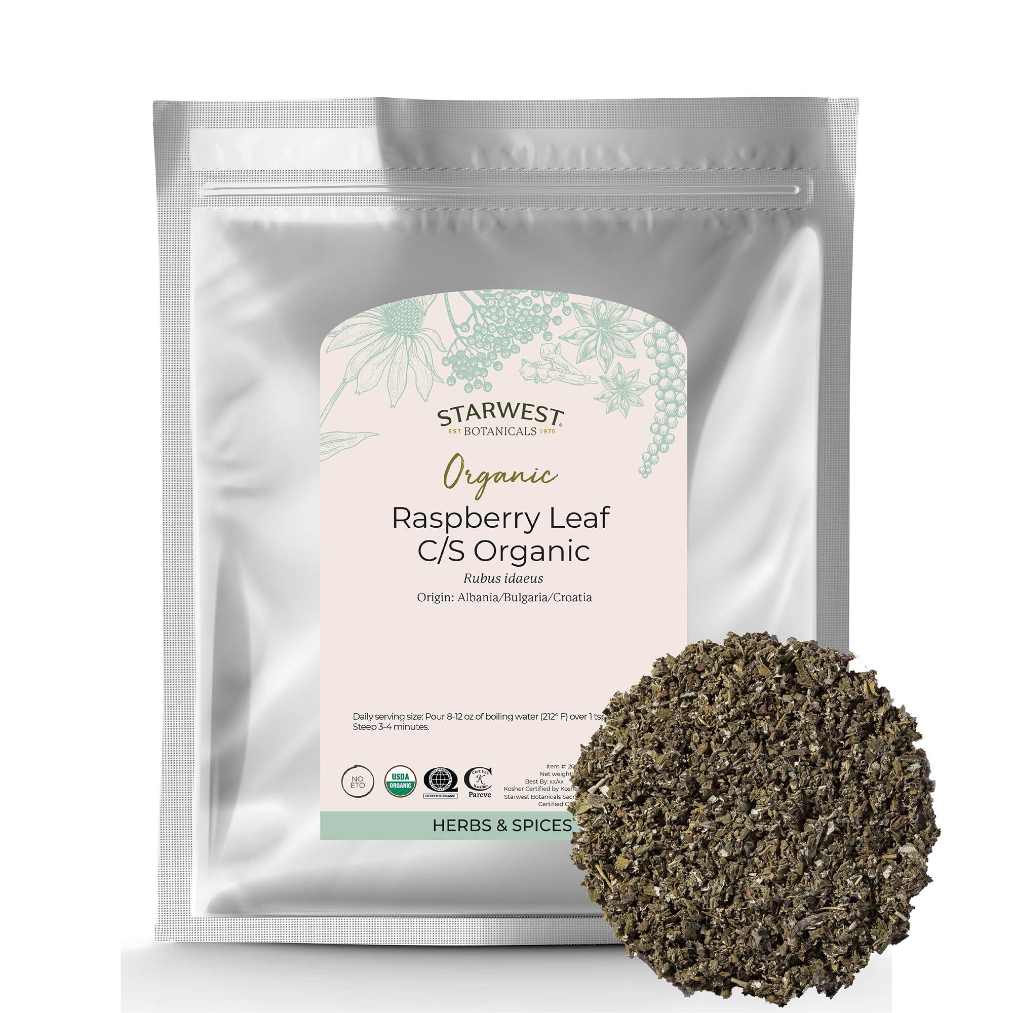 Starwest Botanicals Organic Raspberry Leaf - Herbal Loose Leaf Tea, Caffeine Free Natural Herbs, Pure Dried Raspberry Leaf, Cut & Sifted, Certified