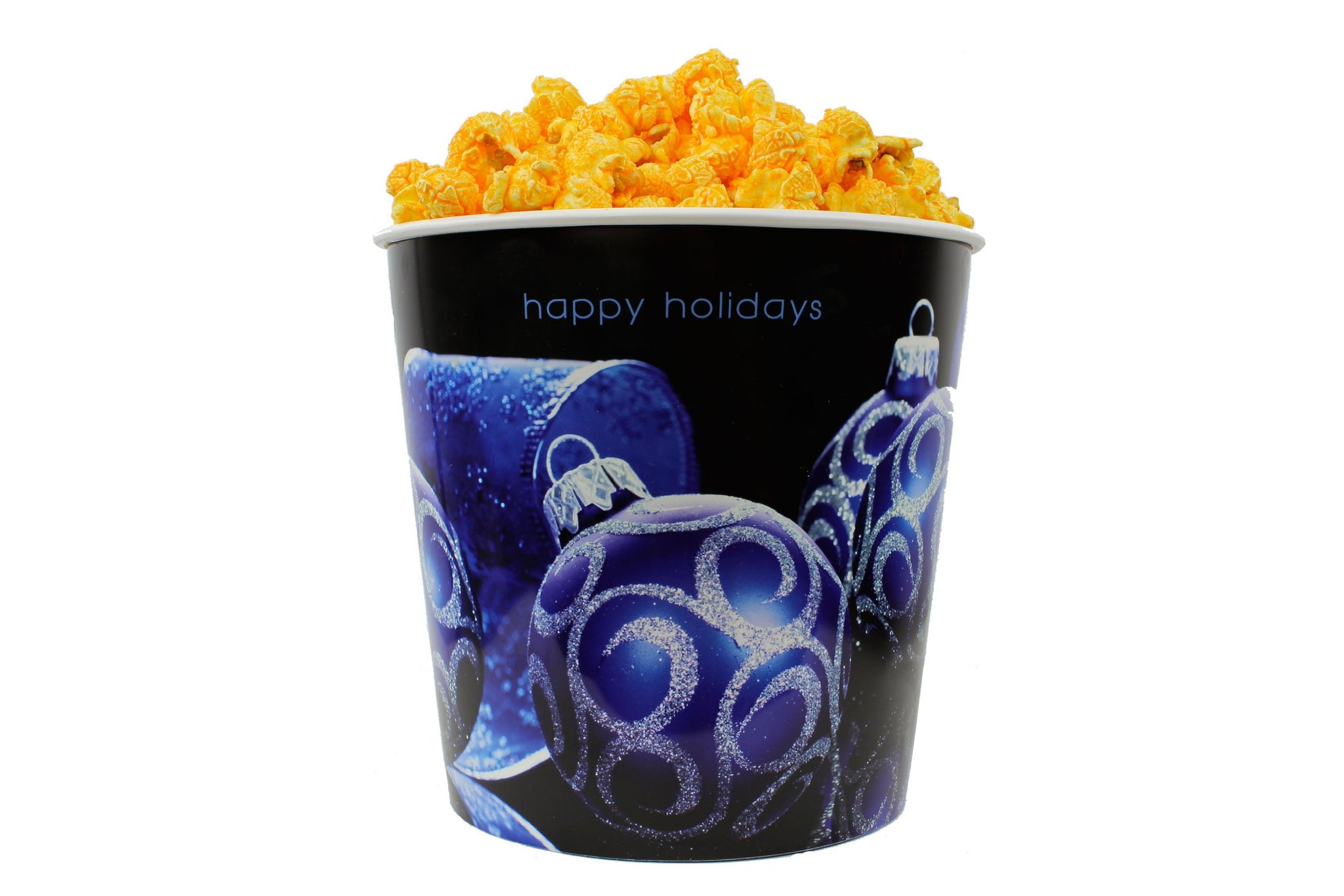 Signature Popcorn, 1-Gallon “Happy Holidays” Blue Ornament Gift Bucket, Cheddar Cheese Popcorn, Reusable Plastic Container, Gourmet Snack