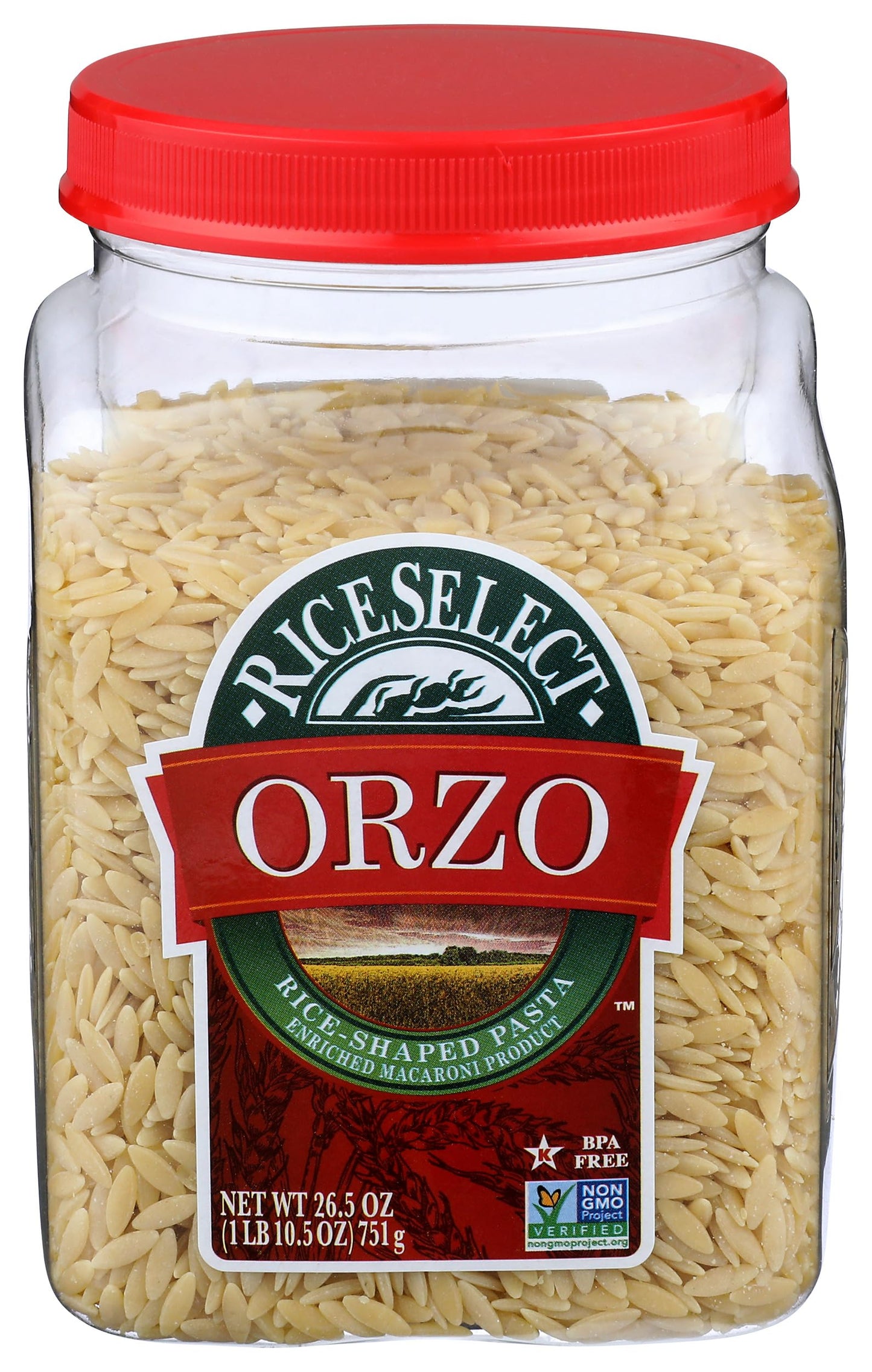 RiceSelect Orzo Rice-Shaped Pasta, Premium Non-GMO Orzo Pasta, 26.5-Ounce Jar
