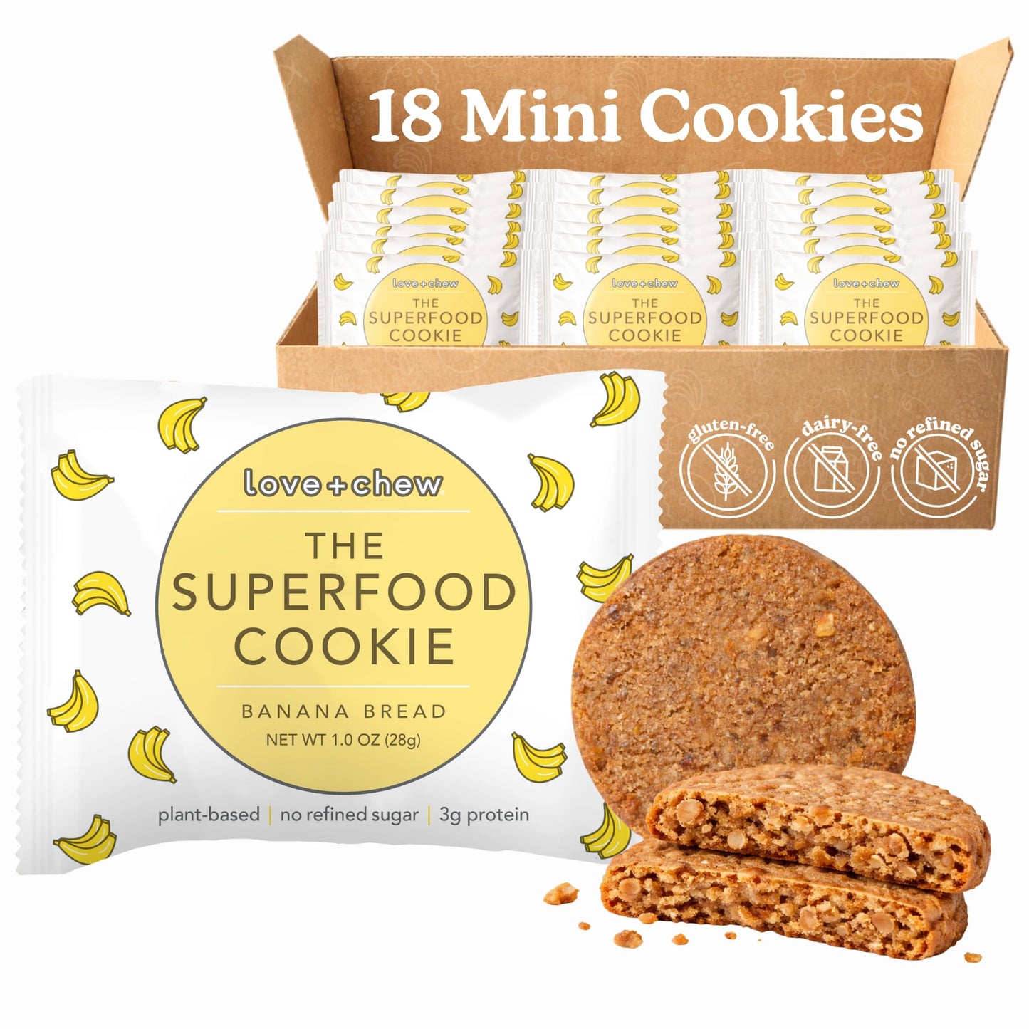 Love + Chew Mini Vegan Cookies, Gluten Free, 3g Plant Based Protein Per Cookie, Healthy Snacks for Adults and Kids, Refined Sugar Free, Individually