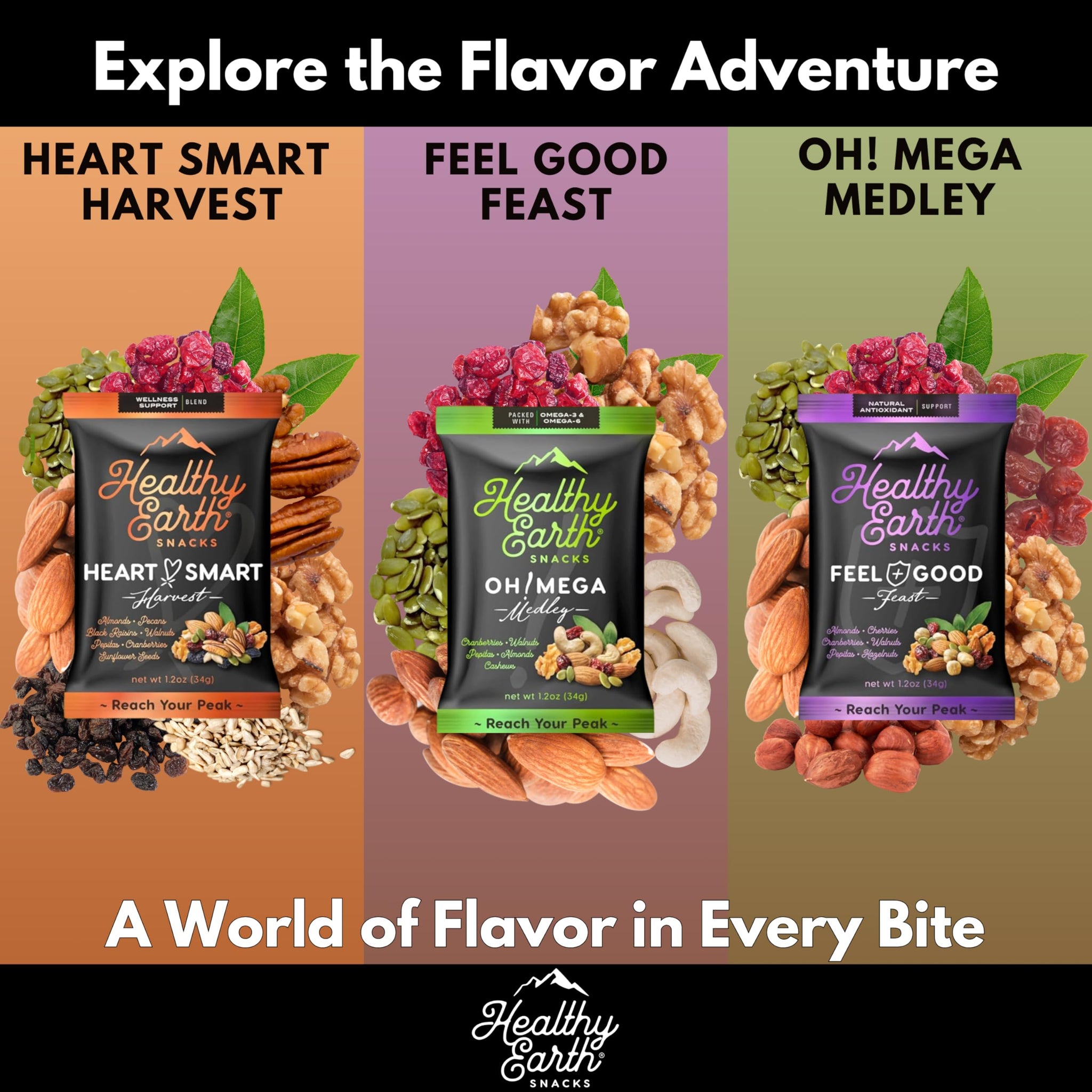 Healthy Earth Snacks 3 Flavors Variety Pack, 24 Count | Mixed Nuts & Dried Fruits Gourmet Snacks, Gluten-Free | 8 Packets Per Flavor: Heart Smart