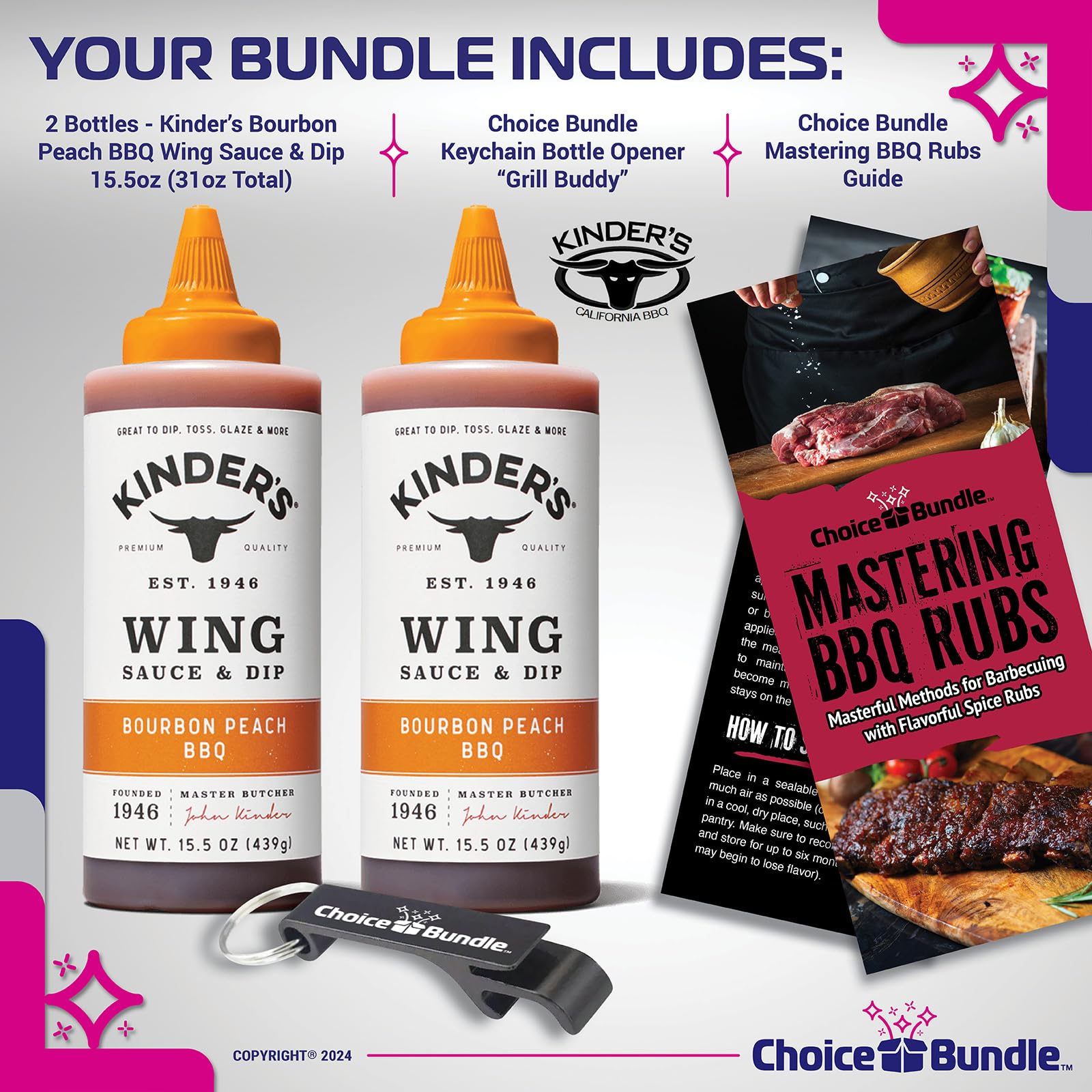 Kinder’s Bourbon Peach BBQ Wing Sauce & Dip 2 Pk (31 oz) Great to Dip Toss Glaze & More + Barbecue Masters & Bottle Opener (4 Items)!