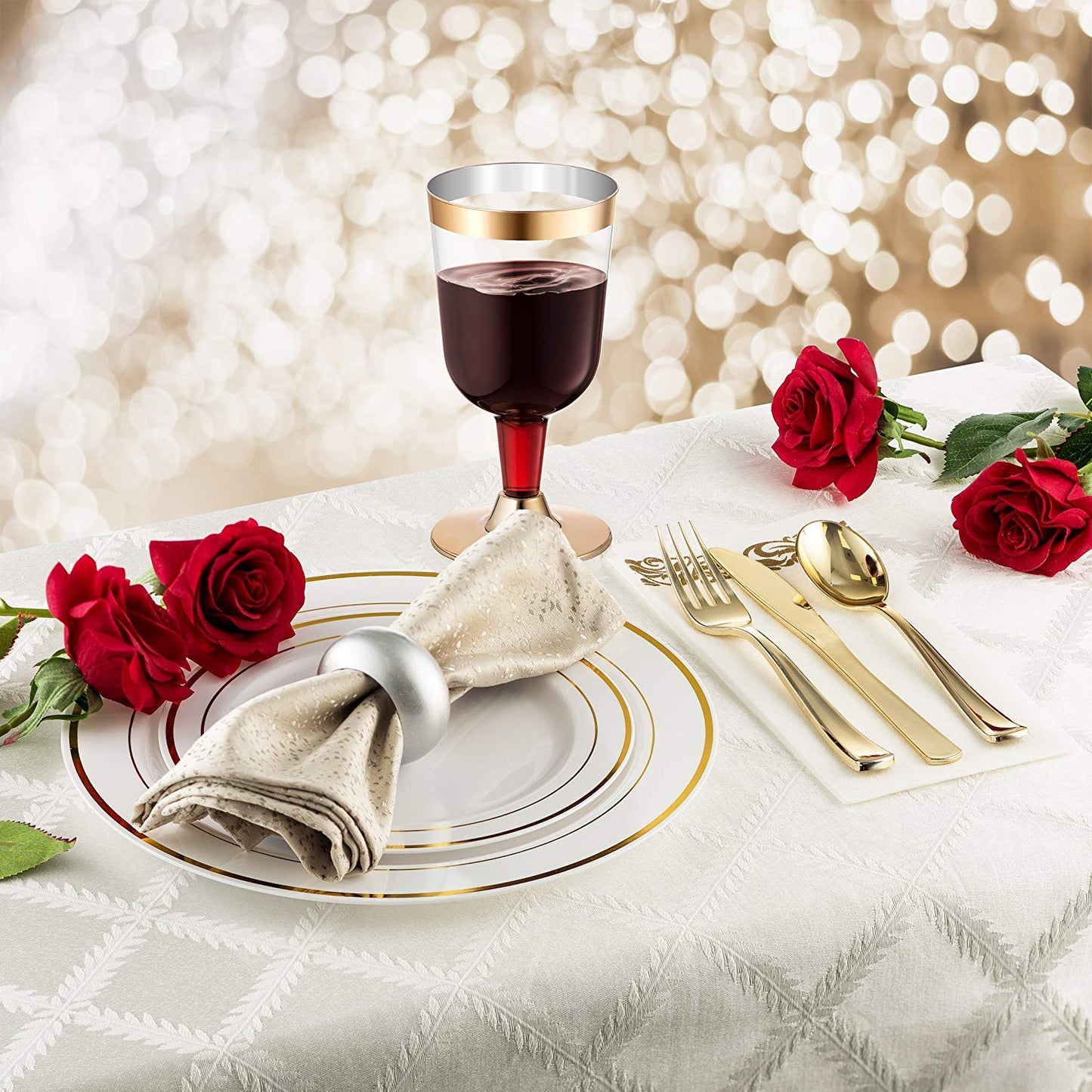 BloominGoods 50 Plastic Disposable Dessert/Appetizer Plates | 7.5 inches White with Gold Rim Real China Look | Ideal for Weddings, Parties, Catering |