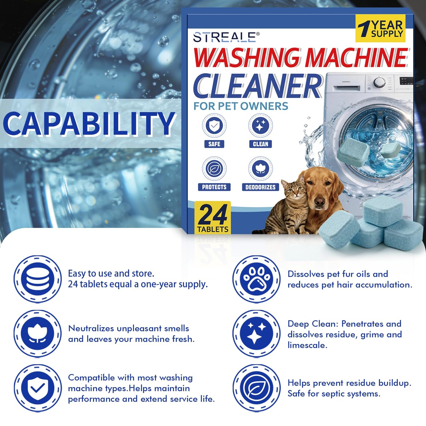 STREALE Washing Machine Cleaner Tablets for Pet Owners -24Pack, Deep Clean Descaler,Tackles Cat & Dog Hair,Freshens Odors & Laundry Detergent