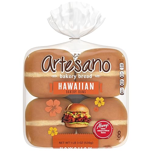 Artesano Hawaiian Bakery Buns, 8 count, (2.38 oz each), Sweet Hamburger Buns, 19 oz Bag