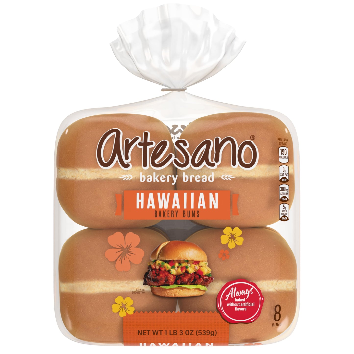 Artesano Hawaiian Bakery Buns, 8 count, (2.38 oz each), Sweet Hamburger Buns, 19 oz Bag