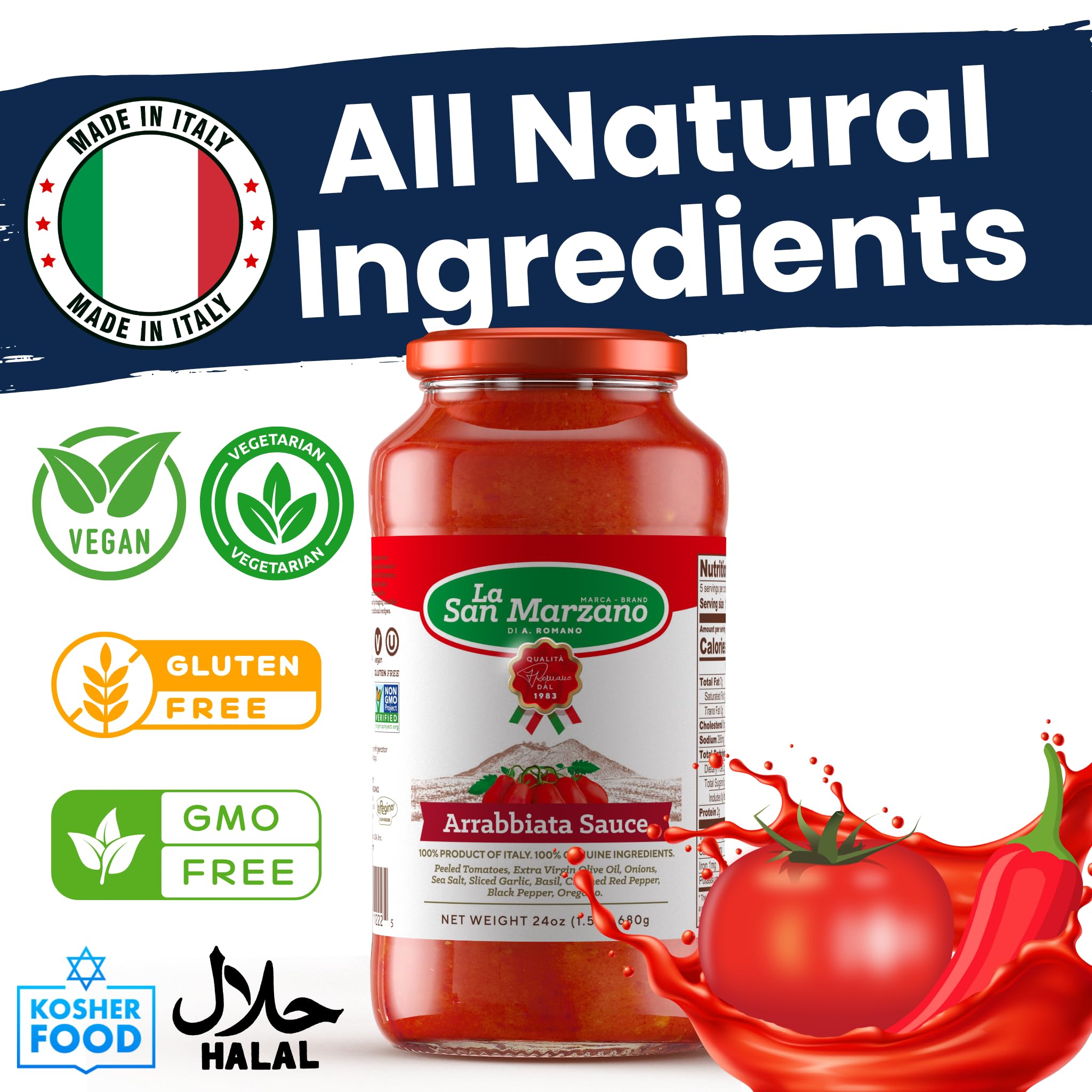 La San Marzano Arrabiata Sauce, 24 oz, Pasta Sauce Made in Italy, All Purpose Tomato Premium Quality, All Natural, Mediterranean Diet, Non GMO, Vegan