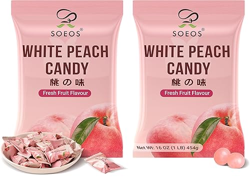 Soeos White Peach Candy, 16oz (1lb), Pack of 2, Juicy Peach Flavor, Individually Wrapped Hard Candies, Sweet & Refreshing Fruit Treats for Sharing