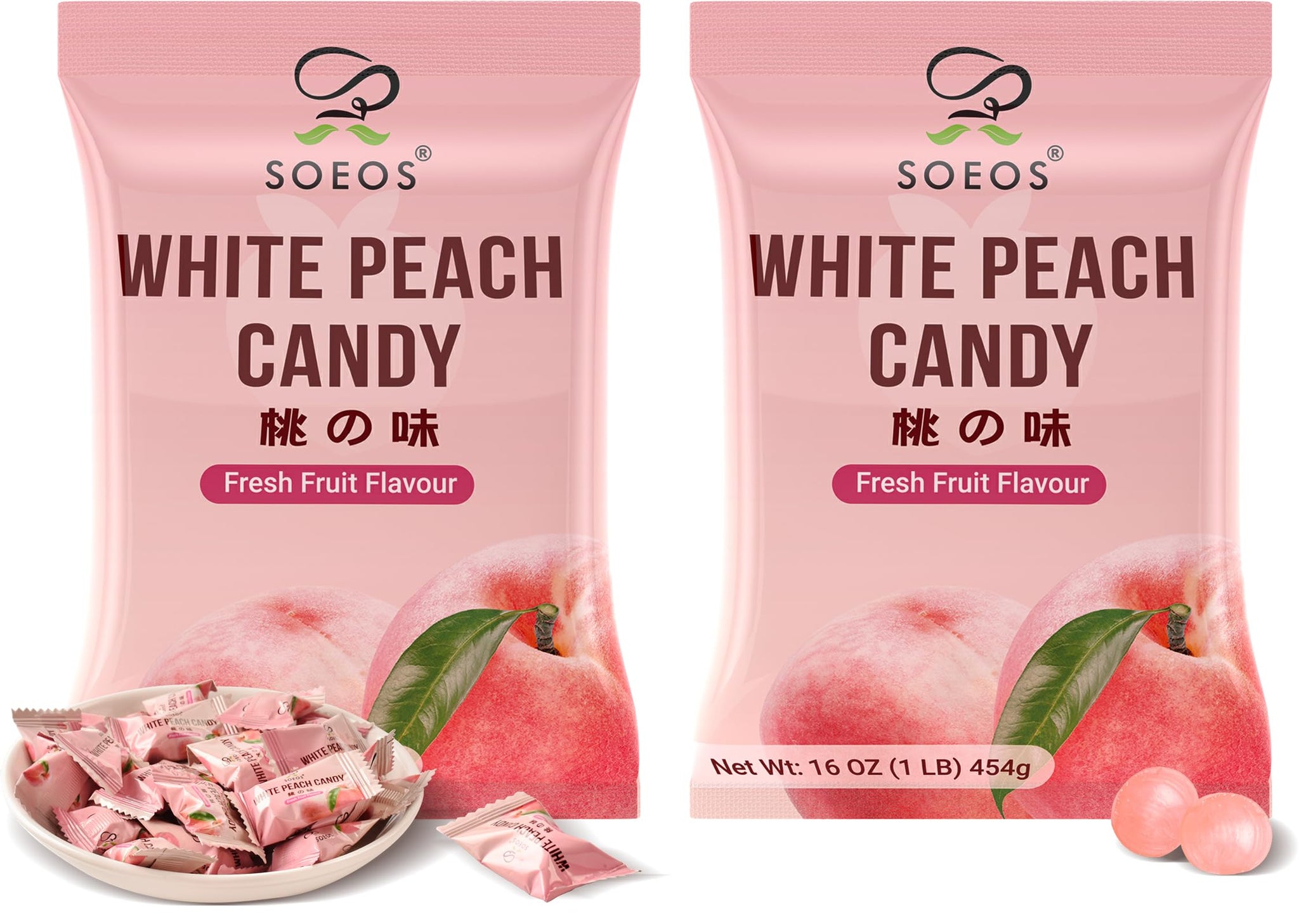 Soeos White Peach Candy, 16oz (1lb), Pack of 2, Juicy Peach Flavor, Individually Wrapped Hard Candies, Sweet & Refreshing Fruit Treats for Sharing