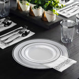 Munfix 100 Silver Plastic Plates Set, 50 Pcs 10.25 Inch Dinner and 50 Pcs 7.5 Inch Plastic Dessert Plates, Elegant Fancy Heavy Duty Disposable Plates