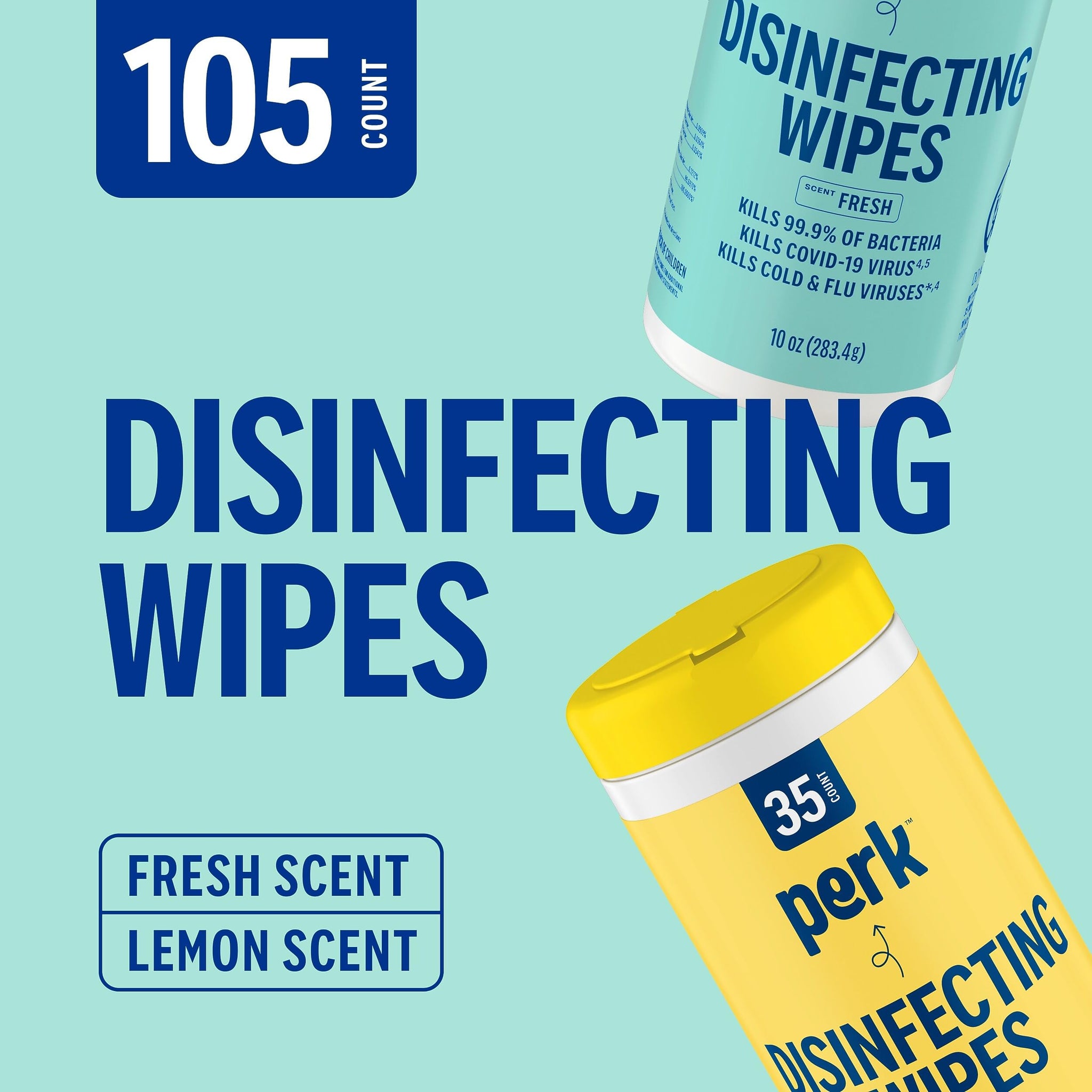 Perk Disinfecting Wipes, Fresh & Lemon Scent, 35 Wipes/Canister - Multi?Surface Cleaning Wipes for Home, Office & Classroom