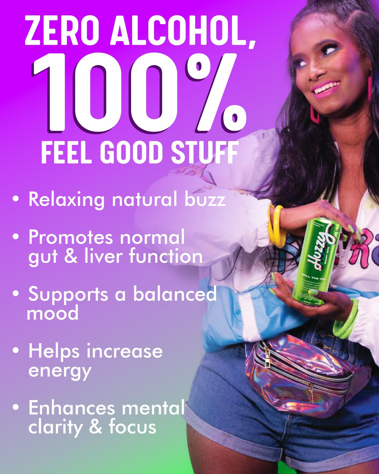 Huzzy Smart Sips Non Alcoholic Drinks - Long Island Inspired Canned Beverage - Alcohol Free Functional Cocktails - Low Calorie, Low Carb, No Refined