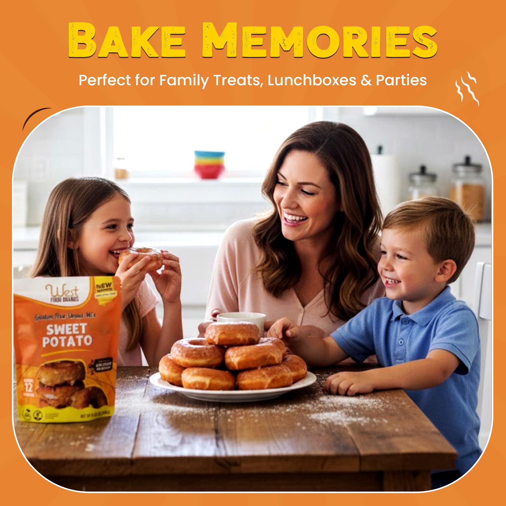 West Food Brands Gluten Free Sweet Potato Donut Mix - Soy Free & Kosher, No Artificial Sweeteners, Allergen Free - Sweet Potatoes Vegan Doughnut Mix with Essential Nutrients (1 Pack, 12 Donuts)