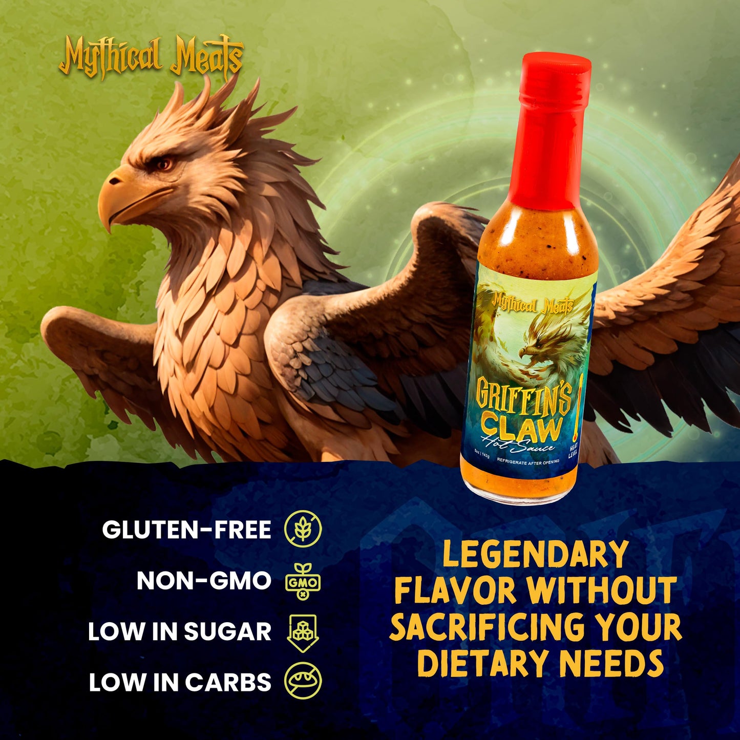 Mythical Meats Griffin's Claw Hot Sauce - Scorpion Pepper & Honey Mustard, Gluten Free, Non- GMO, 8/10 Heat