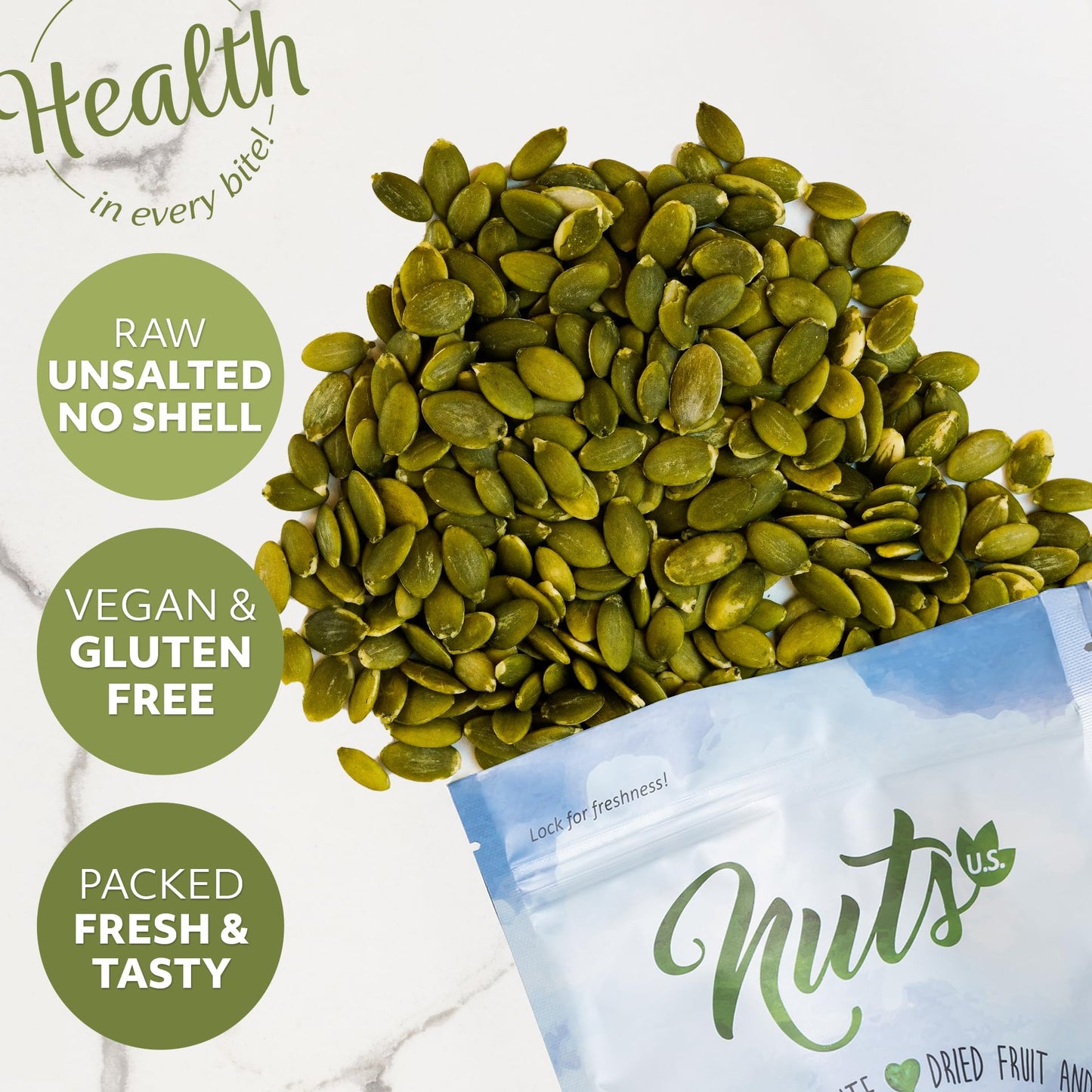 NUTS U.S. - Pumpkin Seeds (Pepitas) | Raw and Unsalted | No Shell | AA GRADE | Vegan and Gluten Free | Packed in a Resealable Bag (4 LB)