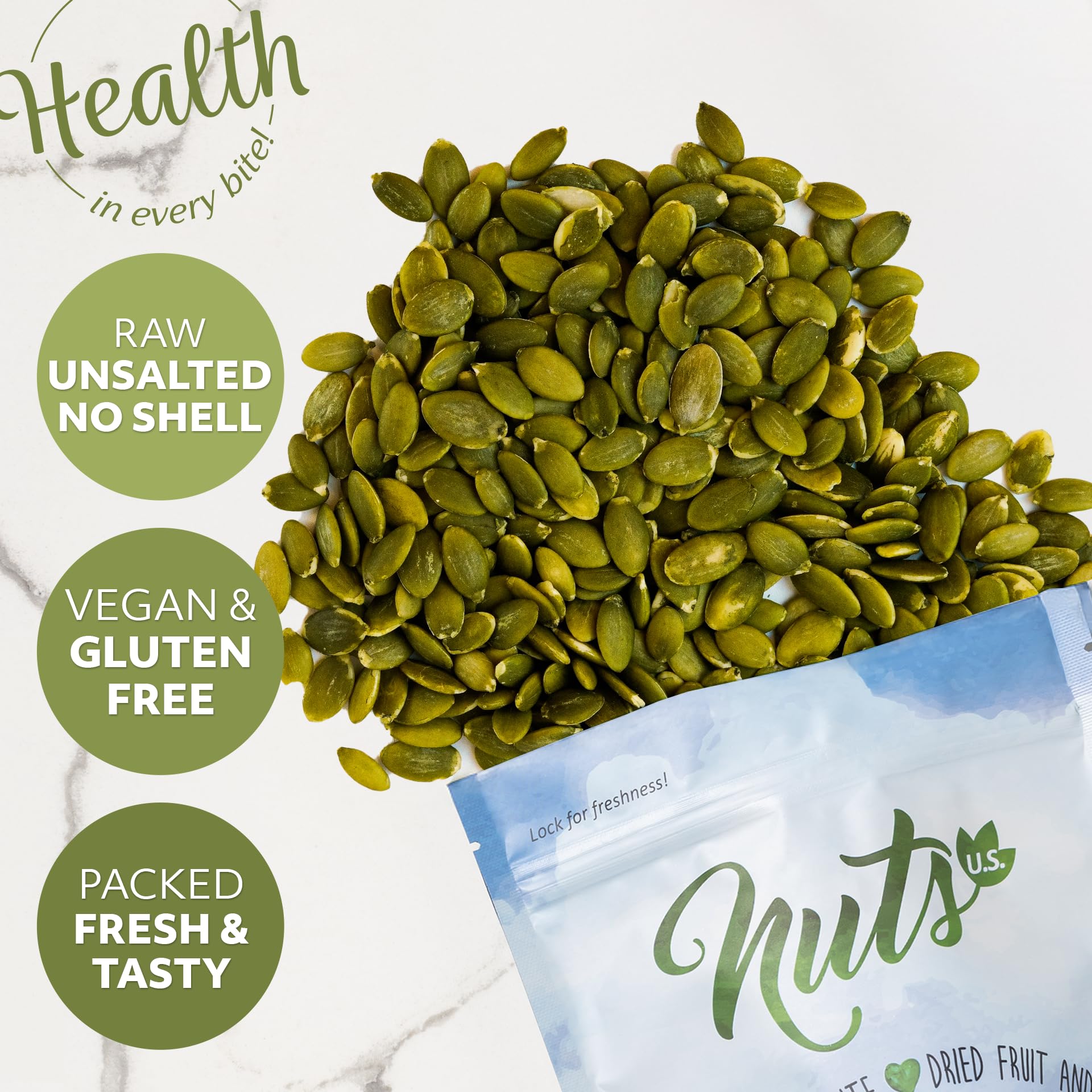 NUTS U.S. - Pumpkin Seeds (Pepitas) | Raw and Unsalted | No Shell | AA GRADE | Vegan and Gluten Free | Packed in a Resealable Bag (4 LB)