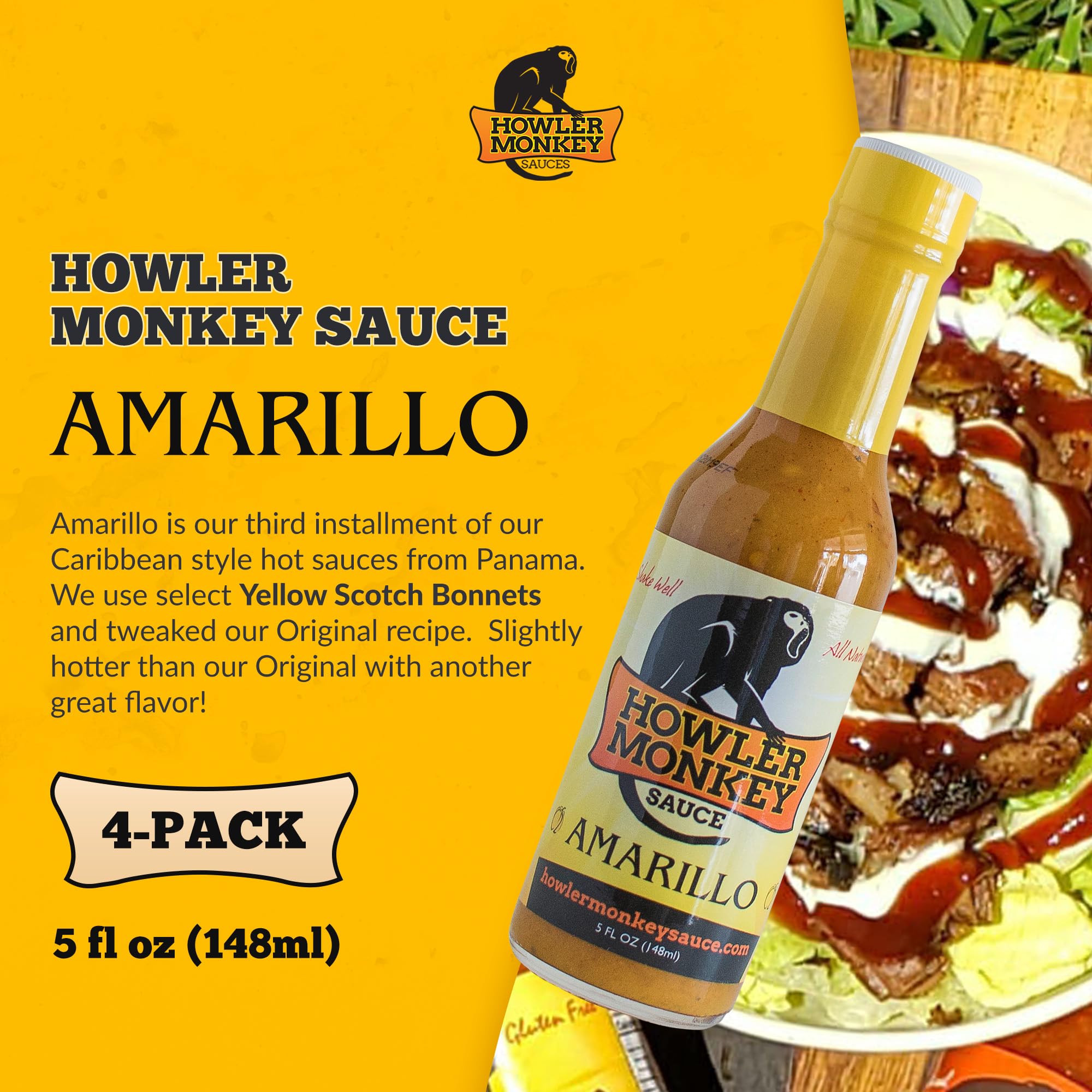 Howler Monkey Sauce - Amarillo Hot Sauce - 5 Fl Oz (Pack of 4)