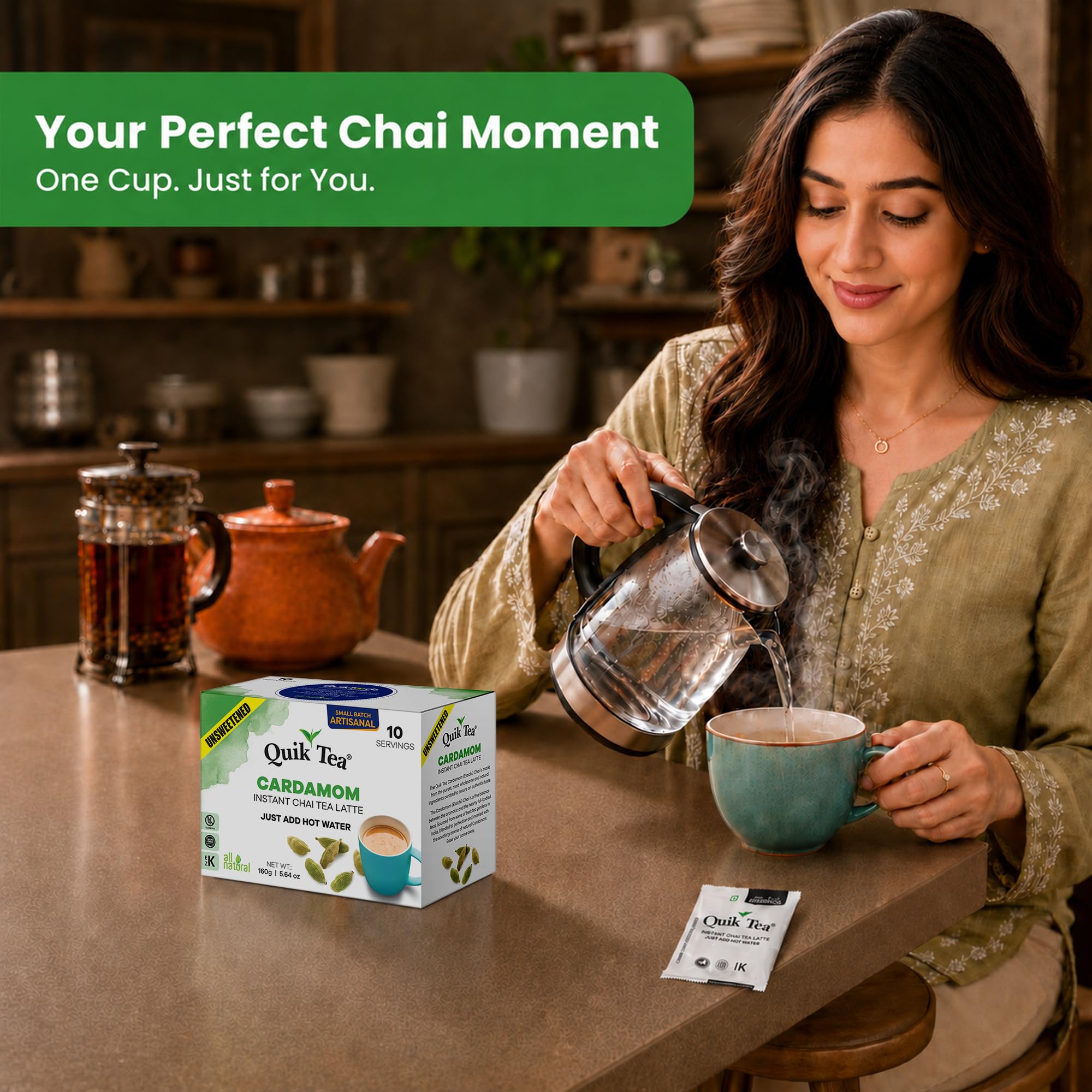 QuikTea Instant Cardamom Chai Tea Latte Unsweetened, 10 Single-Serve Sachets, Artisanal Indian Chai Latte Mix, Just Add Hot Water, Low Caffeine