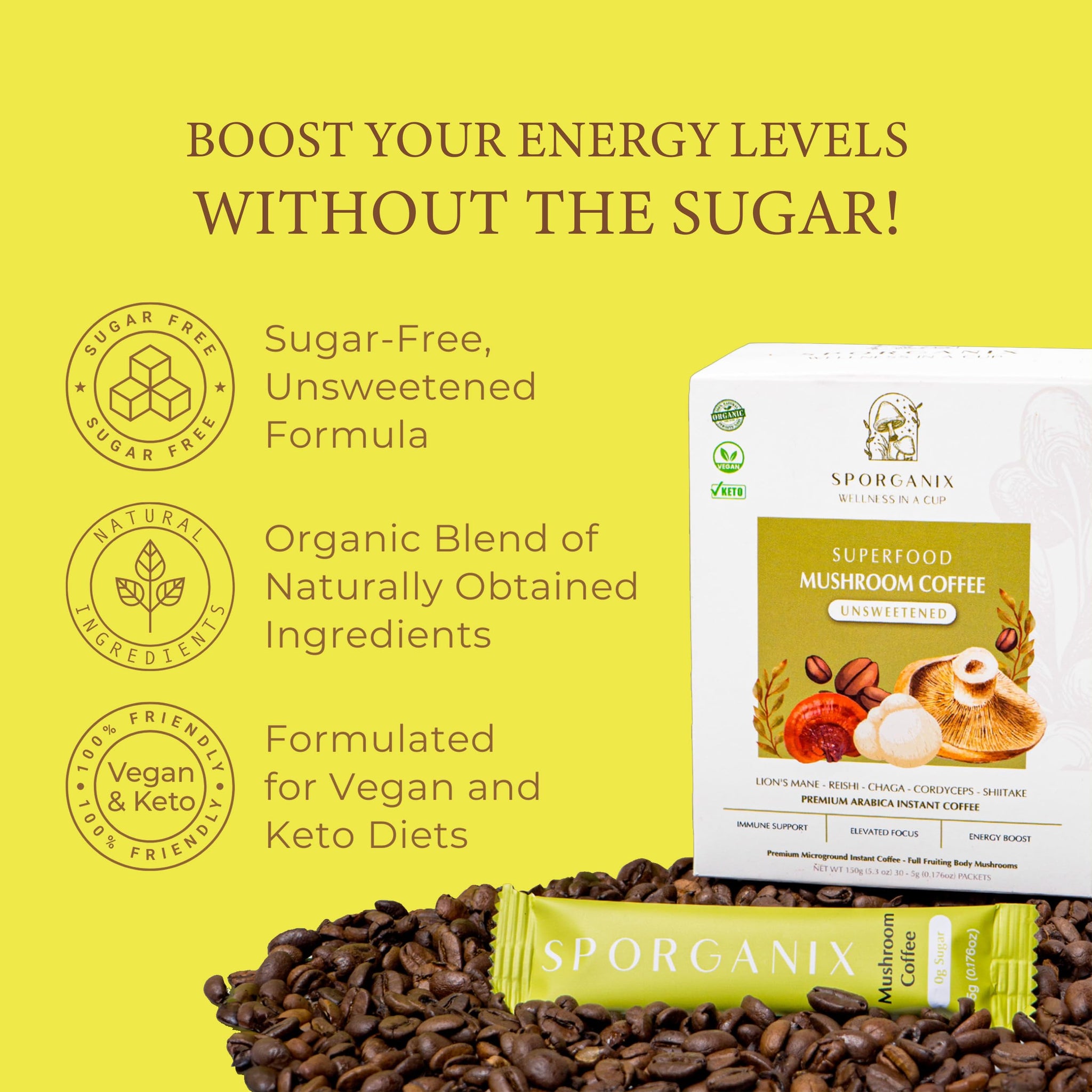 Sporganix Organic Mushroom Coffee - Instant Arabica with 5 Functional Mushrooms (Lion’s Mane, Reishi, Chaga, Cordyceps, Shiitake) - Unsweetened