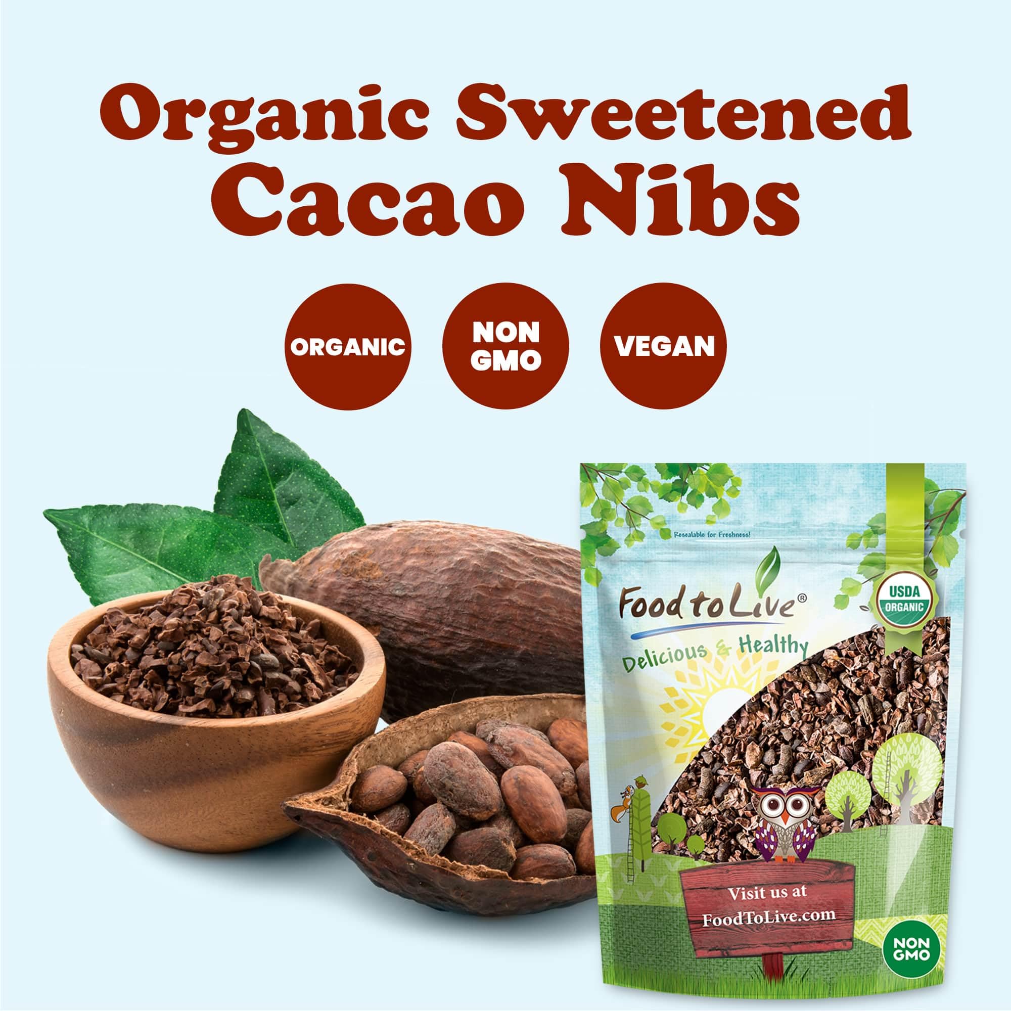 Food to Live Organic Sweet Cacao Nibs, 8 Ounces - Non-GMO, Lightly Sweetened with Coconut Sugar, Raw, Non-Irradiated, Vegan, Kosher, Bulk, Great for Snacking, Baking & Smoothies. High in Antioxidants