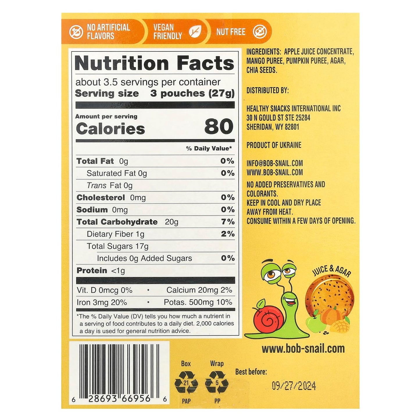 Bob Snail Apple Mango Pumpkin Chia Fruit Jelly, 90 GR