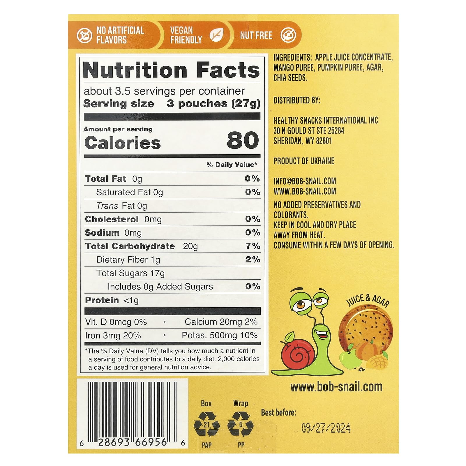 Bob Snail Apple Mango Pumpkin Chia Fruit Jelly, 90 GR
