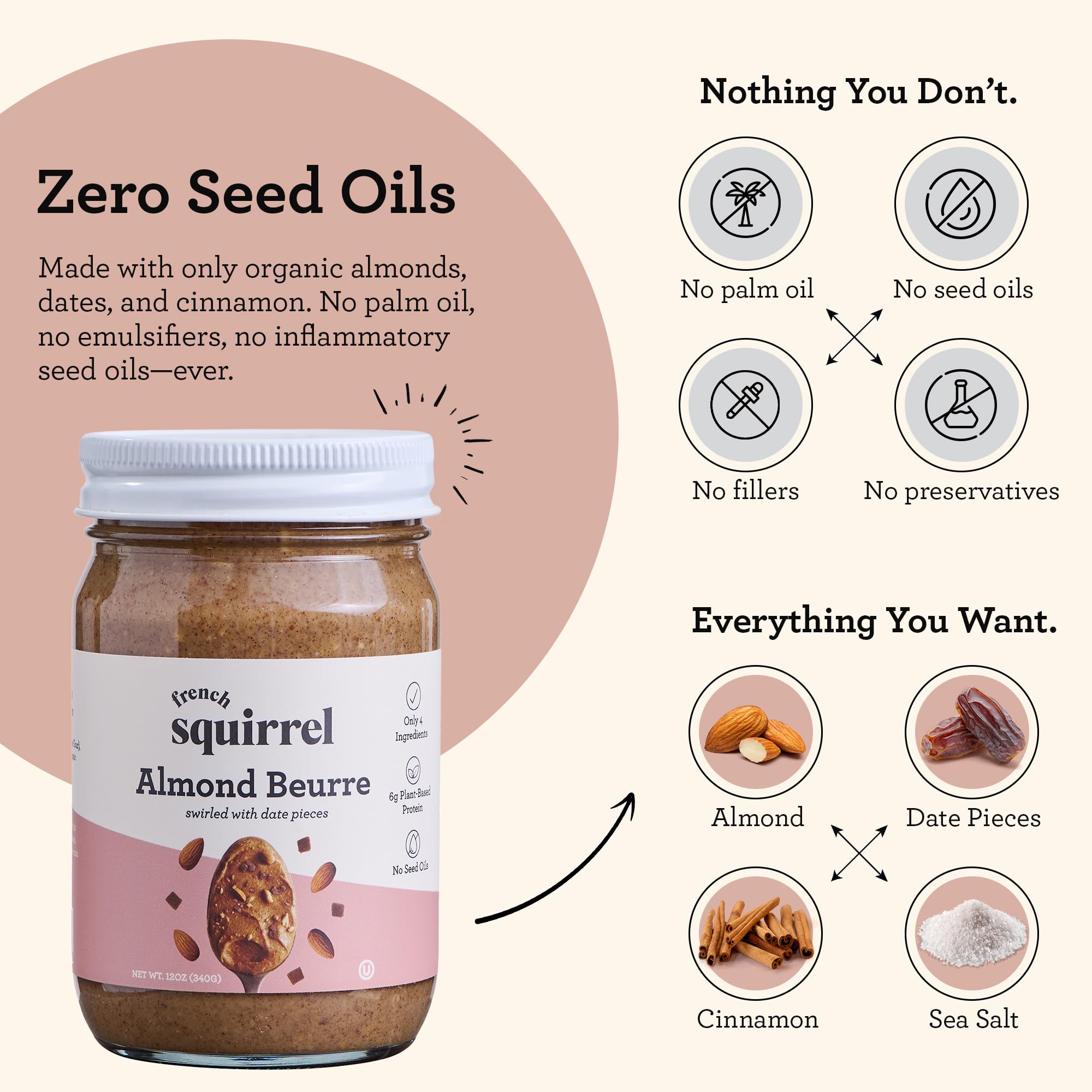 French Squirrel Vegan Almond Butter With Dates, Cinnamon & Sea Salt - 4-Ingredients with 6g Plant-Based Protein, No Seed Oils - Kosher, Dairy Free
