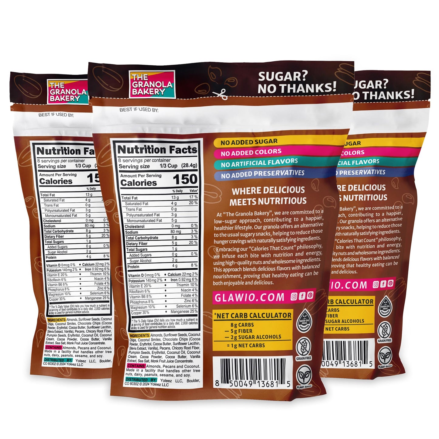 TGB Chocolate Chip Granola Cereal, Keto Friendly Snack, No Added Sugar, Gluten Free, High Fiber, 8oz Resealable Bag (Pack of 3)