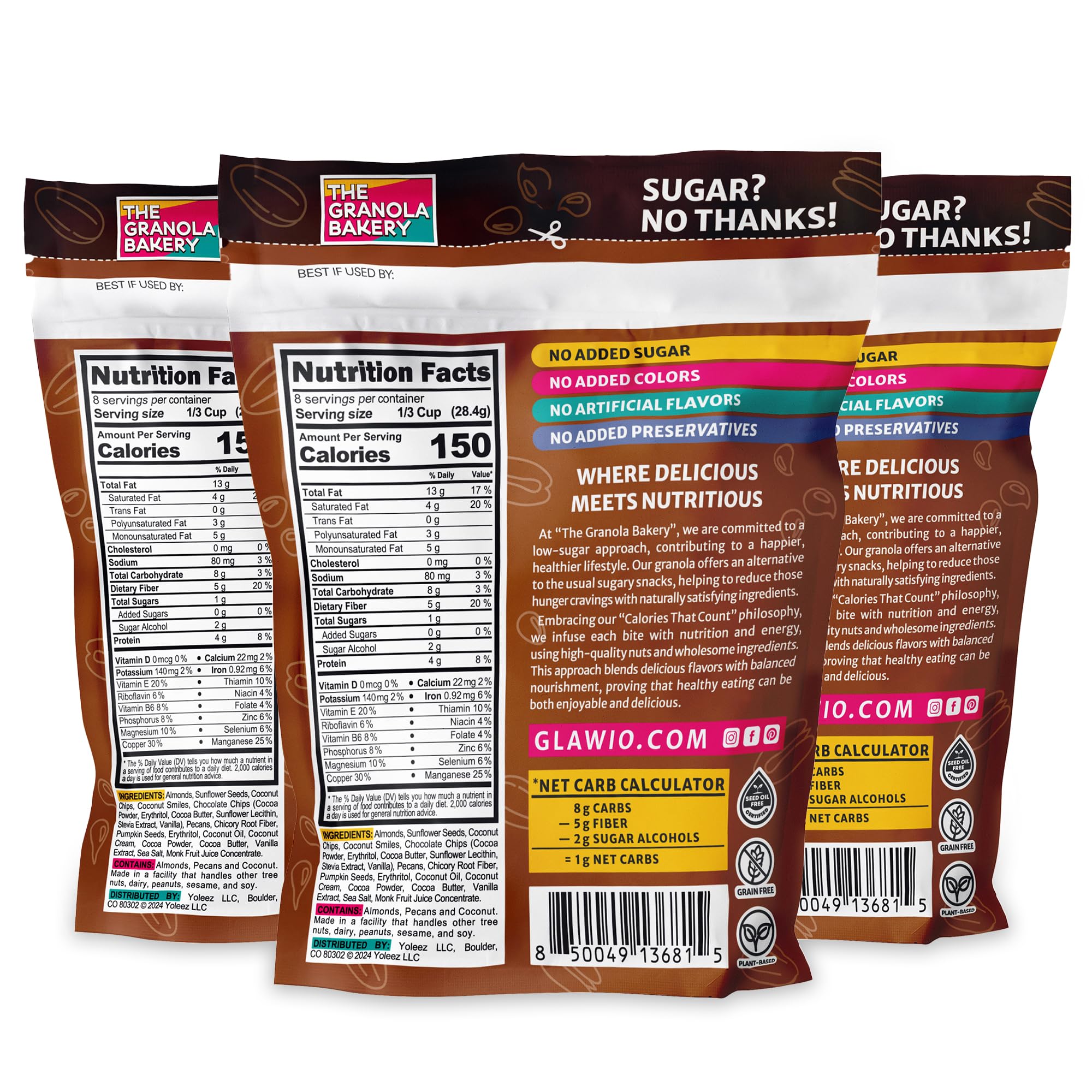 TGB Chocolate Chip Granola Cereal, Keto Friendly Snack, No Added Sugar, Gluten Free, High Fiber, 8oz Resealable Bag (Pack of 3)
