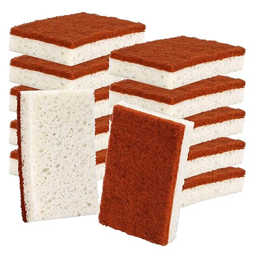 Natural Plant Based Scrub Sponge 12 Pack, Palm Fiber Scrubbing Sponge with Non Scratch Biodegradable Compostable Sponges,Long Lasting No Smell