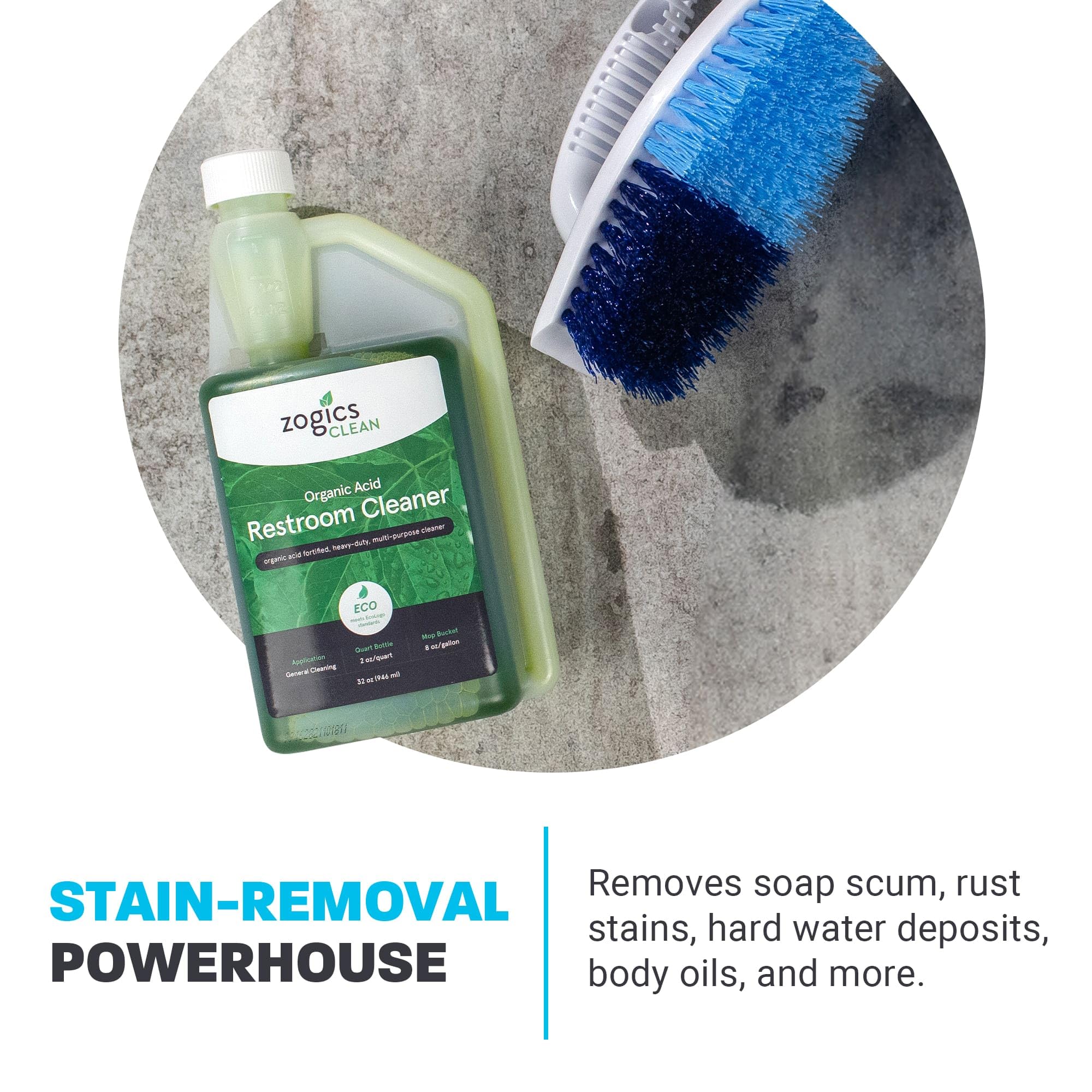 Zogics Organic Acid Restroom Cleaner, 32 oz Bottle Makes up to 16 Quarts - Meets ECOLOGO Standards