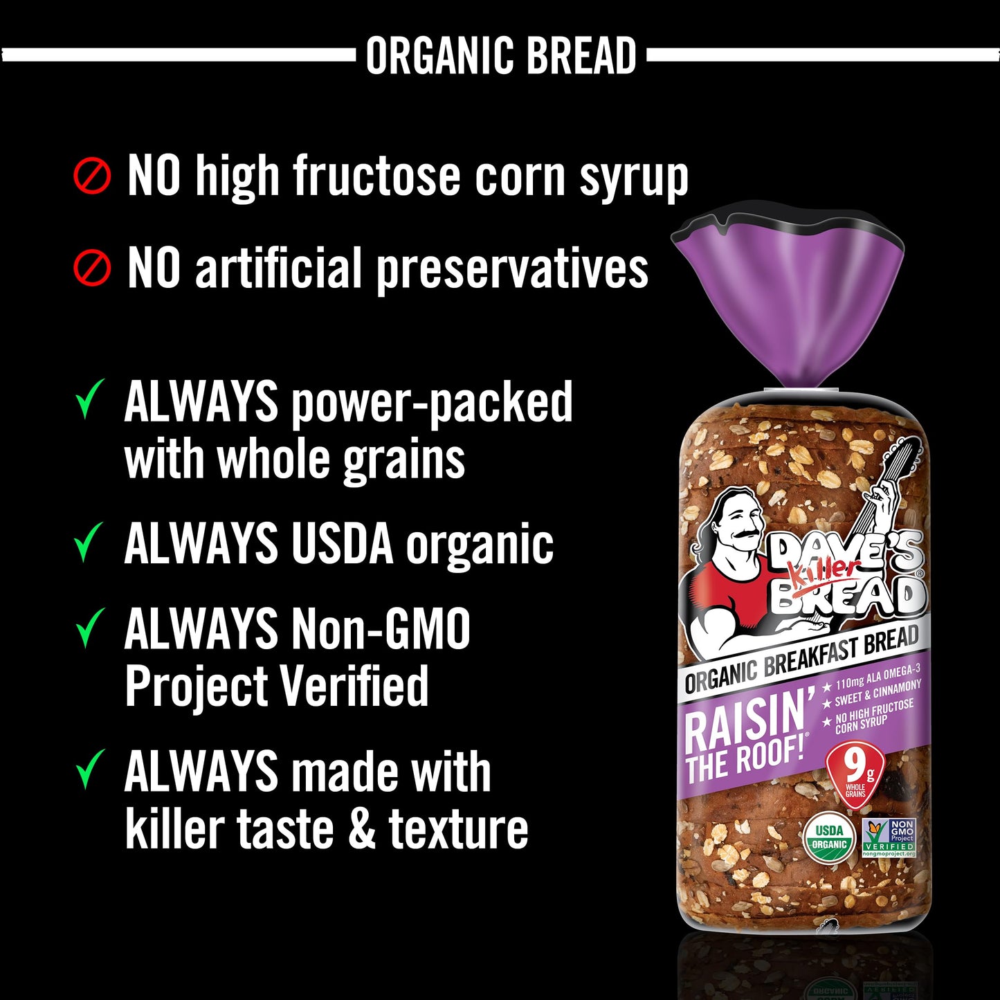Dave's Killer Bread Raisin' the Roof!, Cinnamon Raisin Organic Breakfast Bread, 18 oz Loaf