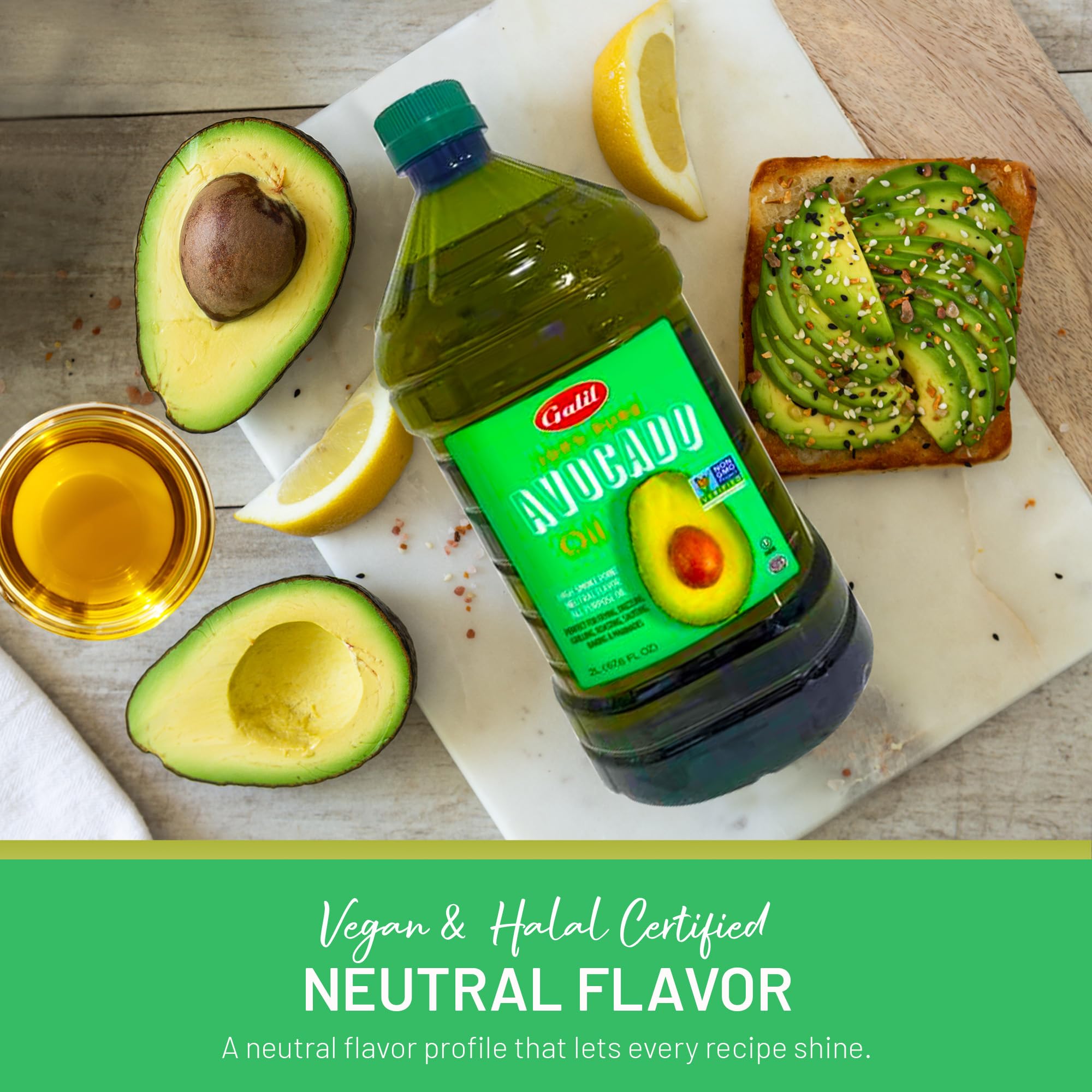 Galil 100% Pure Avocado Oil - High Smoke Point 500°F Non-GMO, Vegan, Halal Certified - Perfect for Cooking, Baking, Sautéing, Dressings & Marinades, Rich in Healthy Fats - 2 Liter Bottle