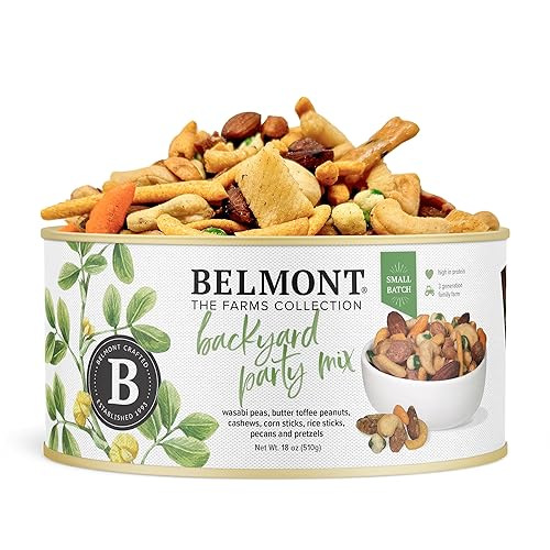 Belmont Peanuts Backyard Party Mix, 18 oz (Pack of 1) | Butter Toffee Peanuts, Wasabi Peas, Cashews, Corn & Rice Sticks, Pecans, Pretzels | Simple